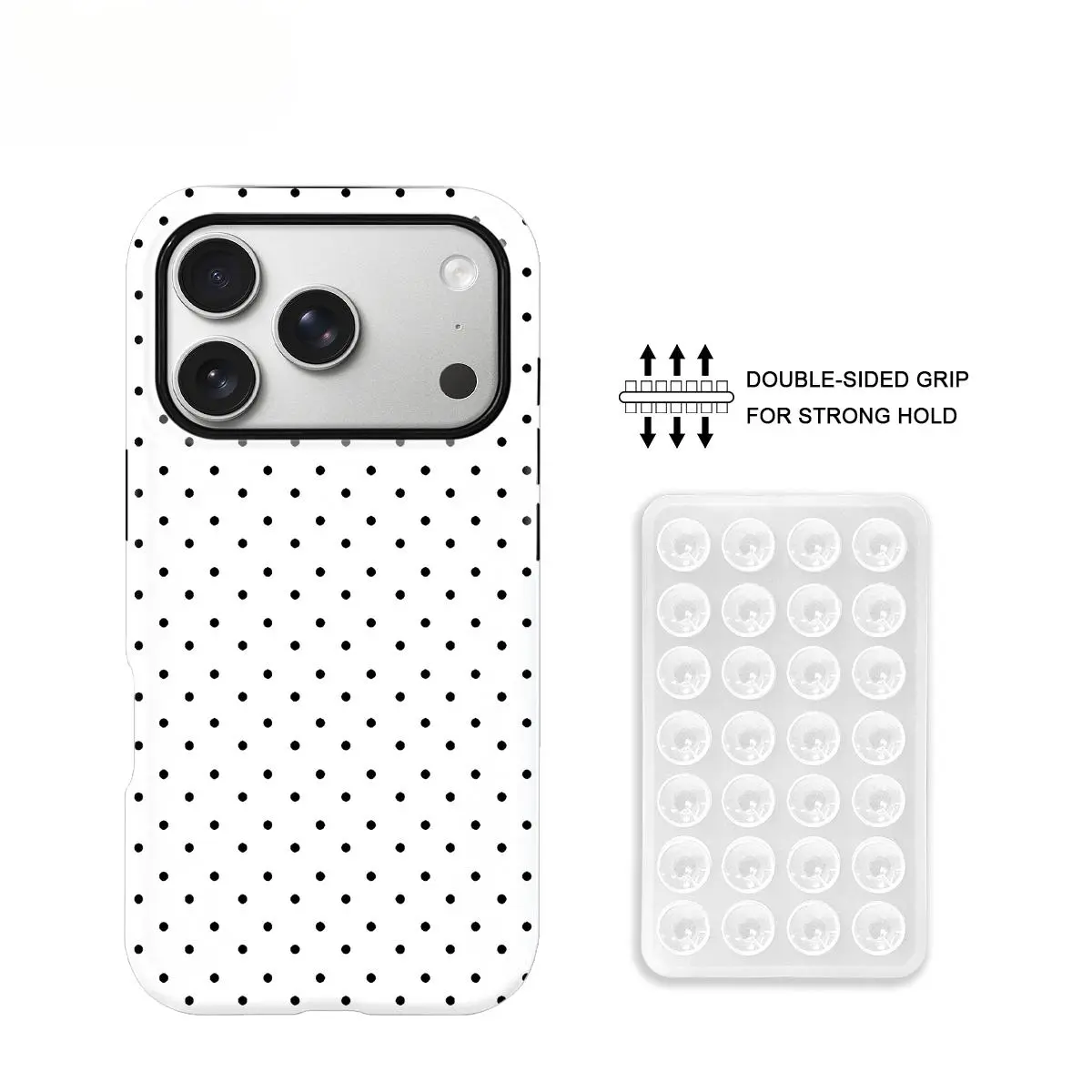 Classic Black & White Polka Dot 2-in-1 Suction Cup Smartphone Casing, PC+TPU Glossy Hard Shell, Shockproof Scratch-Resistant Cellphone Protection Accessory for iPhone 17/17 Pro/17 Pro Max/17 Air/16/15/14/13/12/11/XR/XS Max, Minimalist Retro Style, Handhel