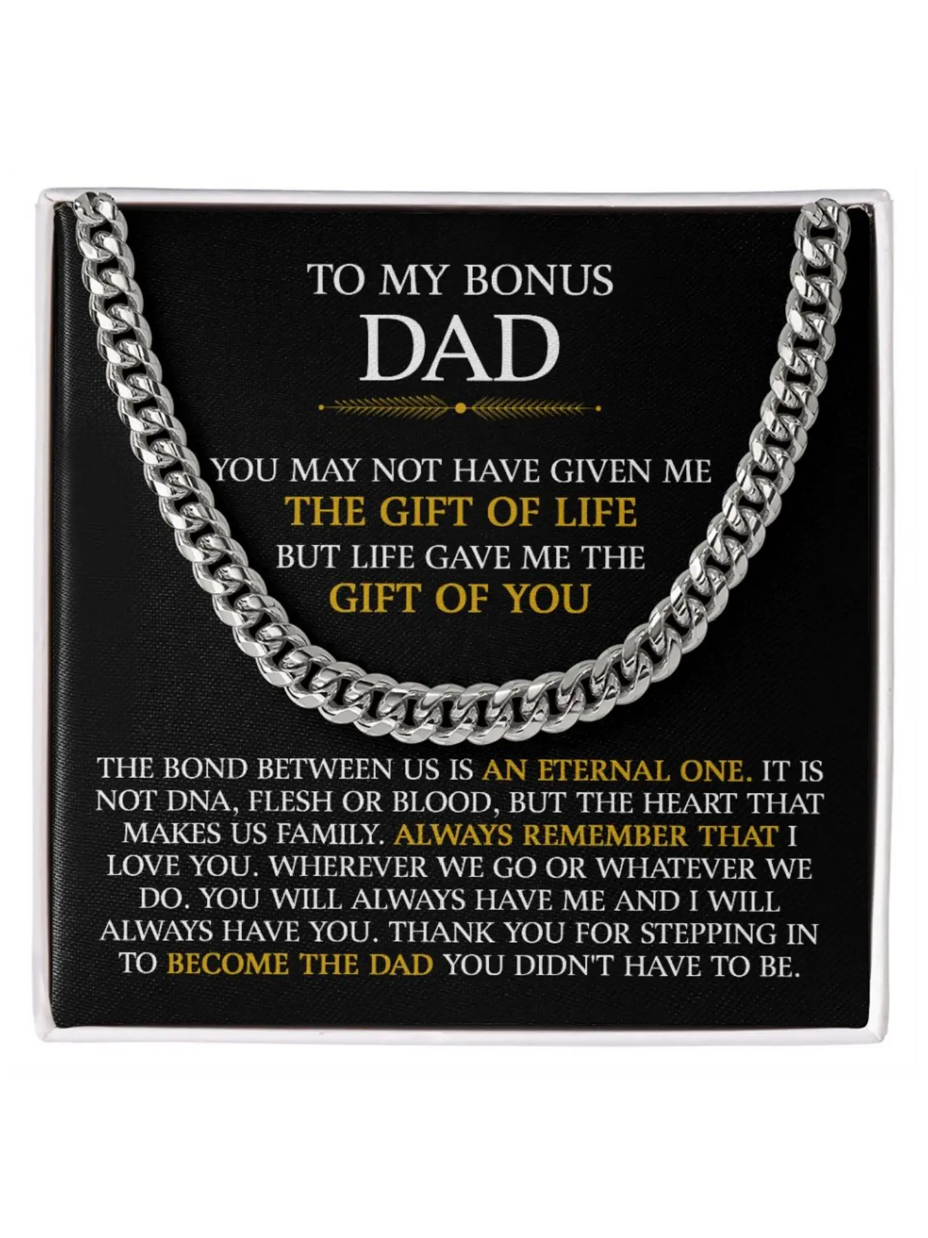 To My Bonus Dad Necklace Stainless Steel Cuban Link Design Chain Necklace with Message Card and Gift Box Meaningful Stepdad Gifts for Father's Day Thanksgiving Christmas Birthday Present