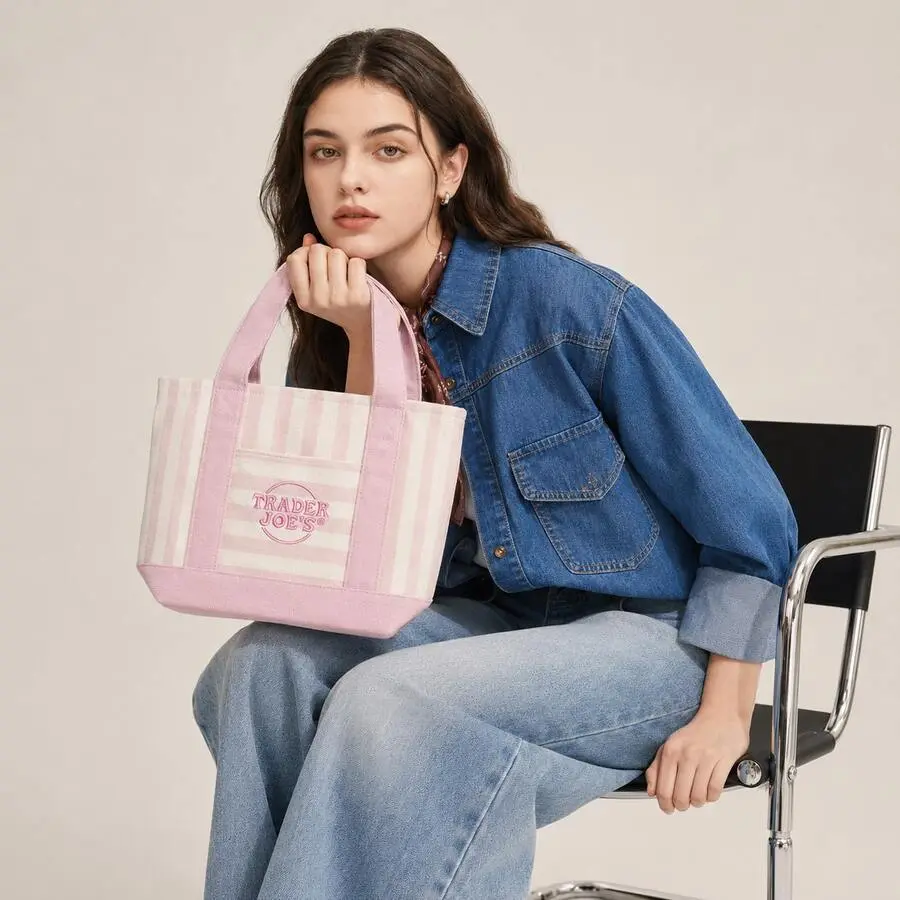 Trending Trader Joes Mini Pastel Tote Bags (Newly Released) 4 Colors SelectionCanvas Tote Bag With External Pockets, Reusable Grocery Shopping Bag