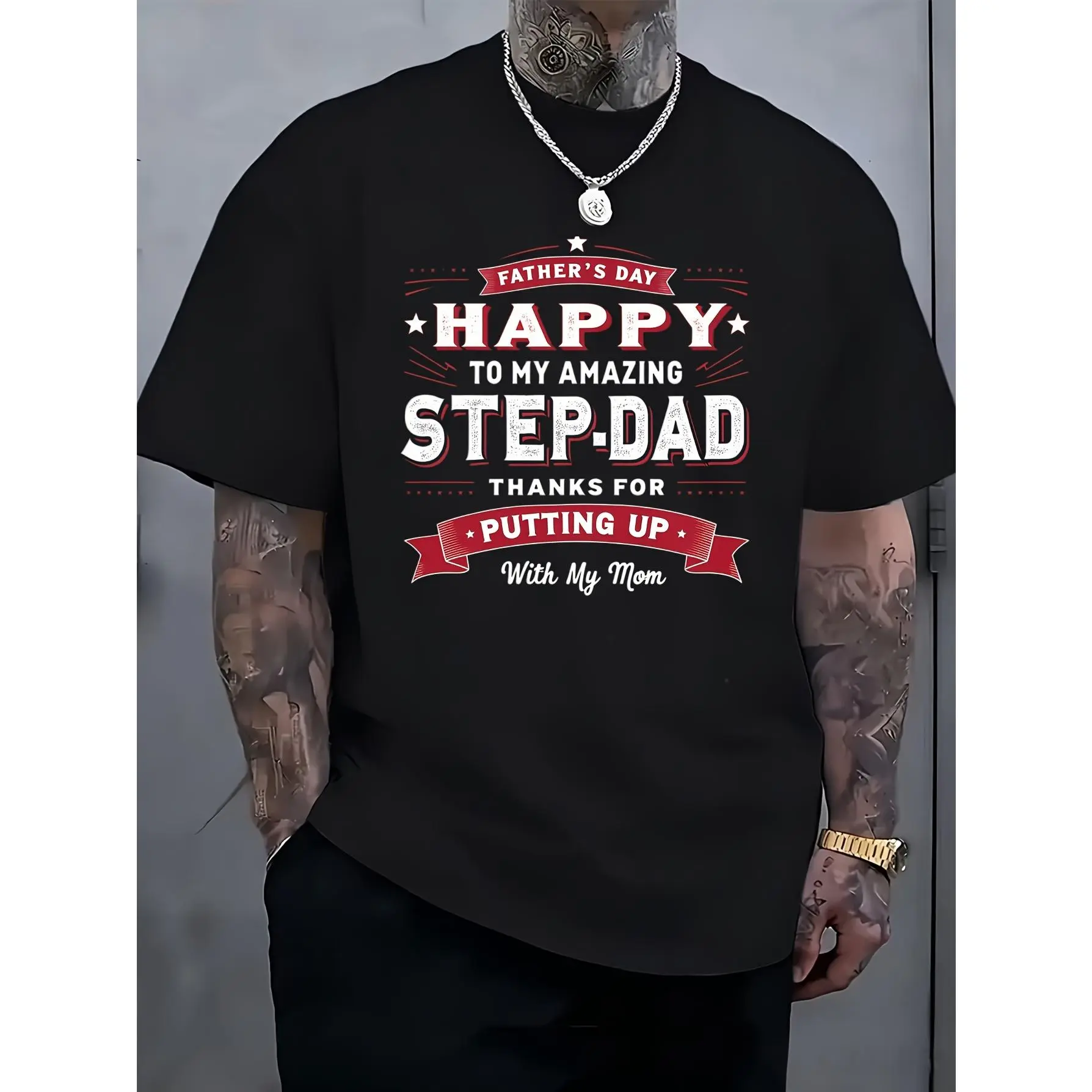 Best Stepdad Ever Father's Day Graphic T-Shirt for Men, Funny Father's Day Gift Crew Neck Short Sleeve Cotton Tee, Plus Size