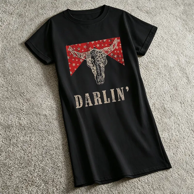 Womens Midi T Shirt Dress Crew Neck Short Sleeve Graphic Dress Western Cow Skull Print Casual Summer Dress For Vacation Travel Weekend Brunch