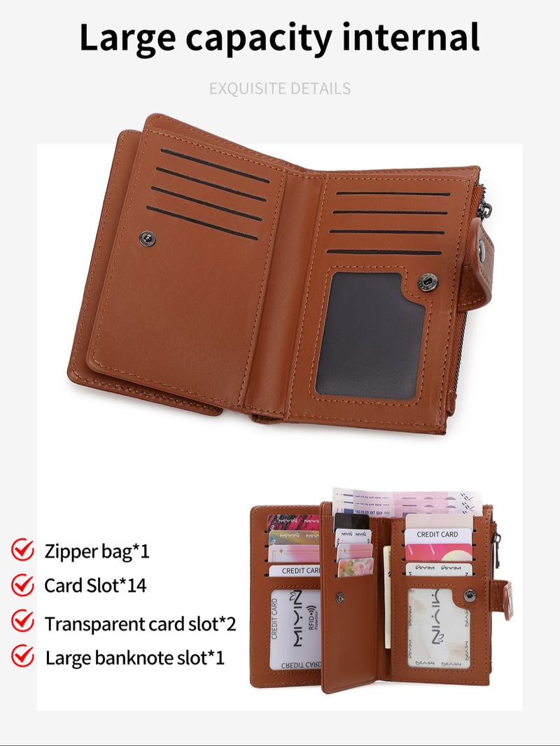 Women's Minimalist Plain Color Letter Decor Short Wallet, Casual Versatile Zipper Wallet with ID Window, RFID Blocking Card Holder for Daily Used