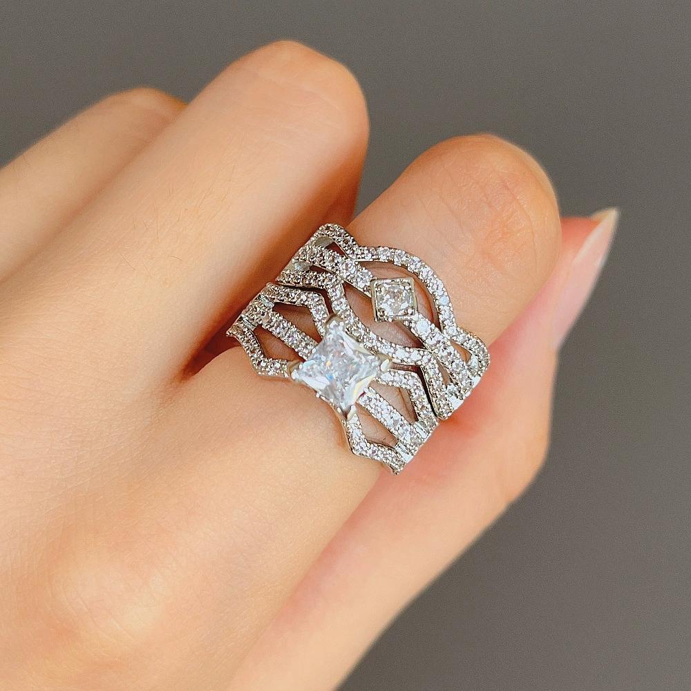 New Arrival Full Pave 8 Hearts 8 Arrows CZ Bridal Ring Set | European & American Party Engagement Wedding Band