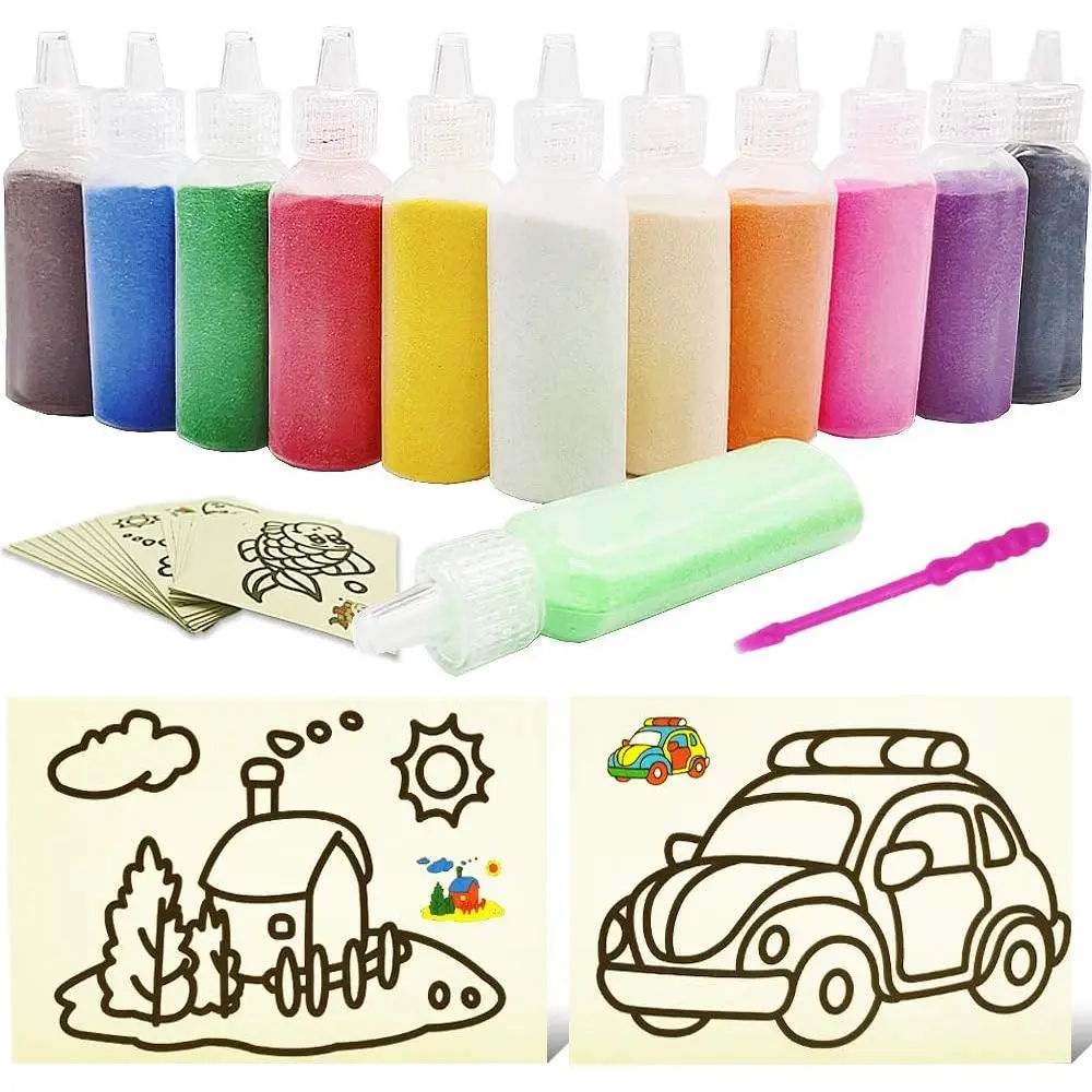 32 PCS Art Sand Kit - 12 Color Scenic Sand With 20 Sheets Sand Art Painting Cards Set, DIY Arts and Crafts, 1.25oz Bottles