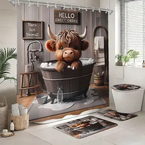 4pcs Highland Cow Cartoon Bathroom Set, Waterproof Shower Curtain, Bath Mat, Toilet Seat Cover, 12 Hooks, Casual Style, Holiday Gift