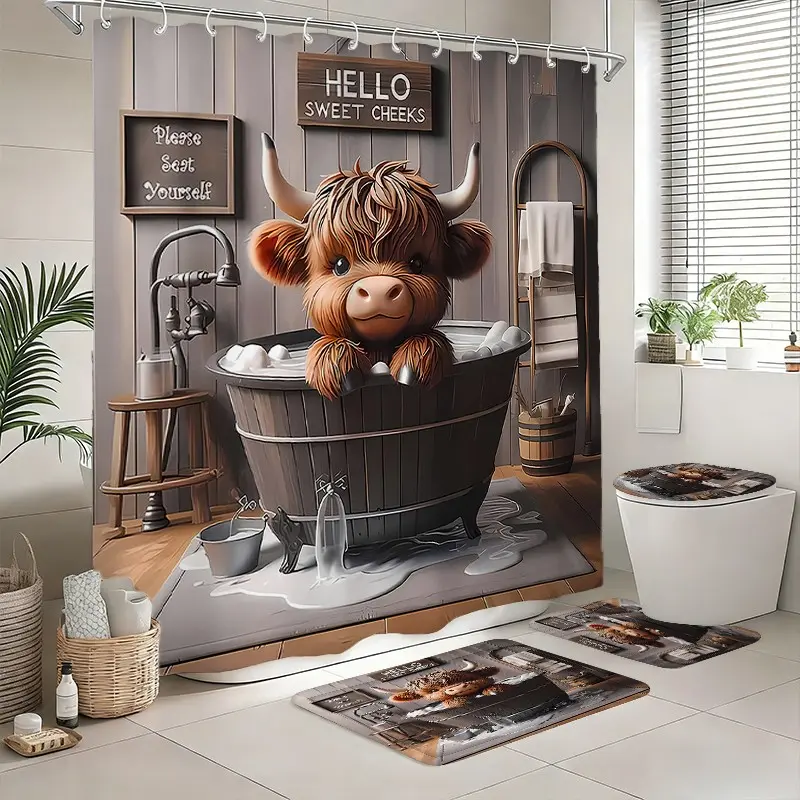 4pcs Highland Cow Cartoon Bathroom Set, Waterproof Shower Curtain, Bath Mat, Toilet Seat Cover, 12 Hooks, Casual Style, Holiday Gift