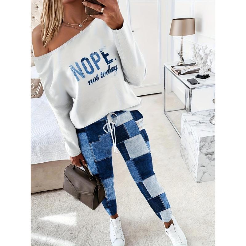 2 Piece Outfit Nope Not Today Print Skew Neck Long Sleeve Pullover Top with Stretchy Waist Long Pants Jogger Set