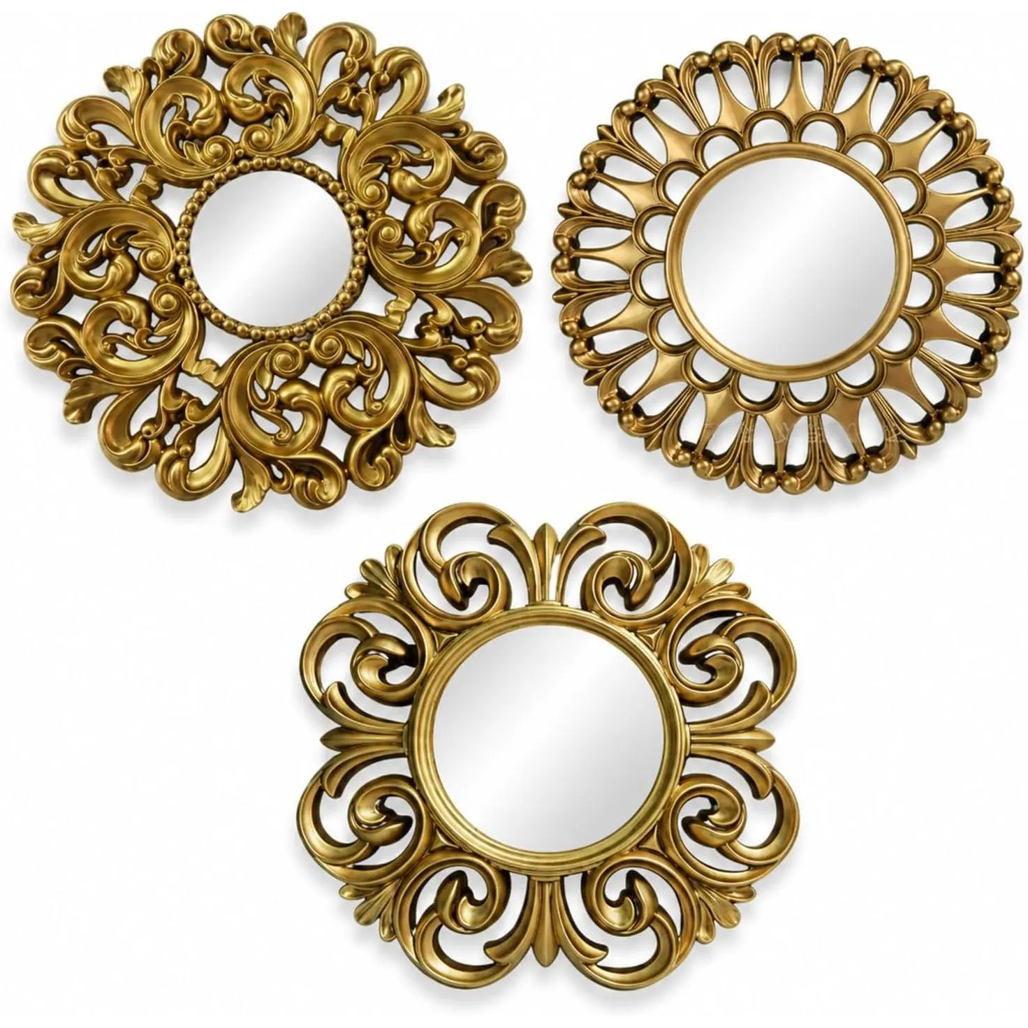 Mifoci Vintage French Wall Mirror Set of 3 Antique Decorative Gallery Wall Mirror Gold Hanging Antique Art Decor Ornate Baroque Style for Living Room Bedroom Home Decor(Round)