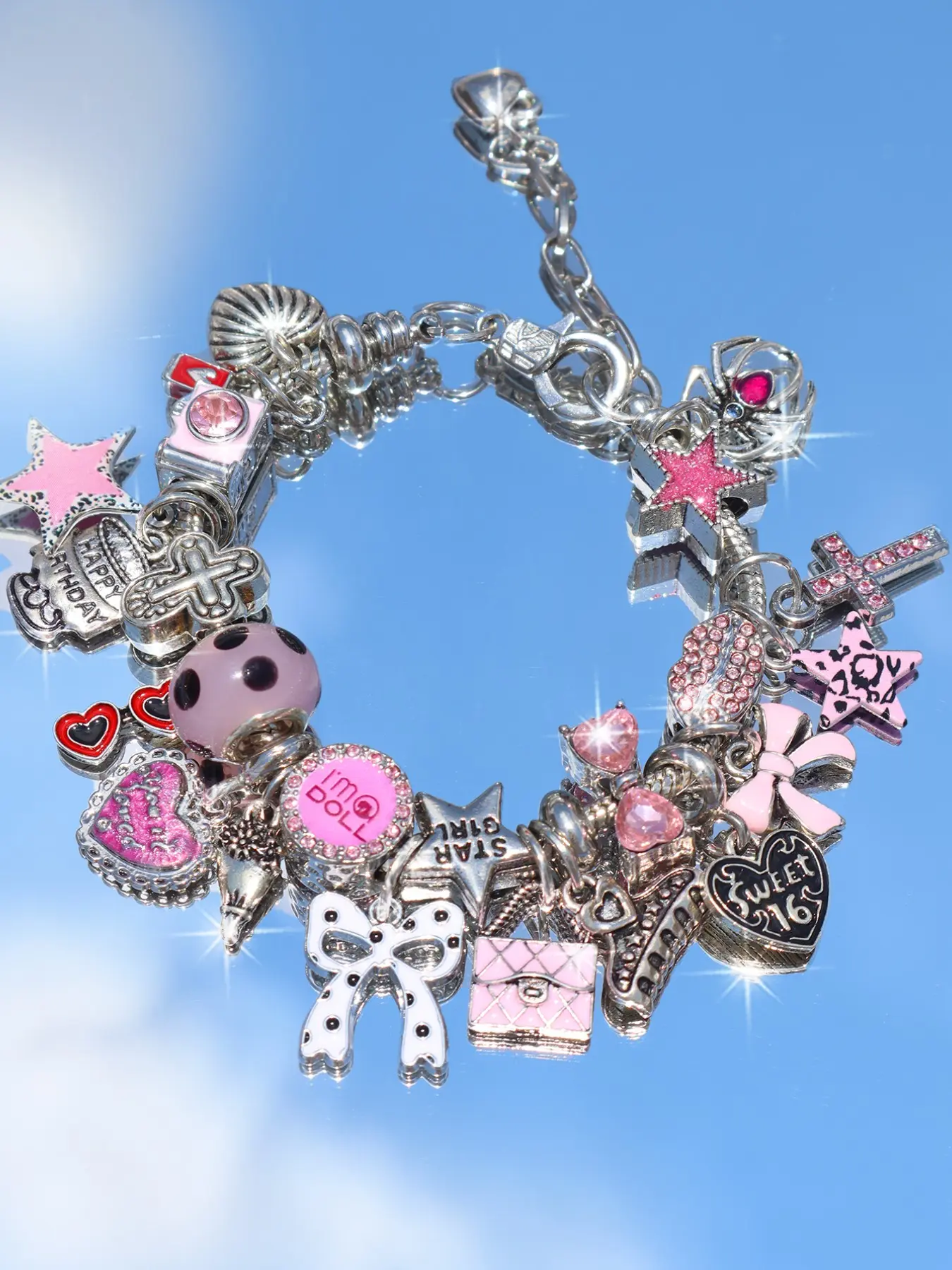 Vintage Polka Dot Heart Birthday Cake Charm Bracelet, Letter Slogan Bracelet, Retro Bow Cross Bracelet, Unique Fashion Accessory, Fashionable Jewelry