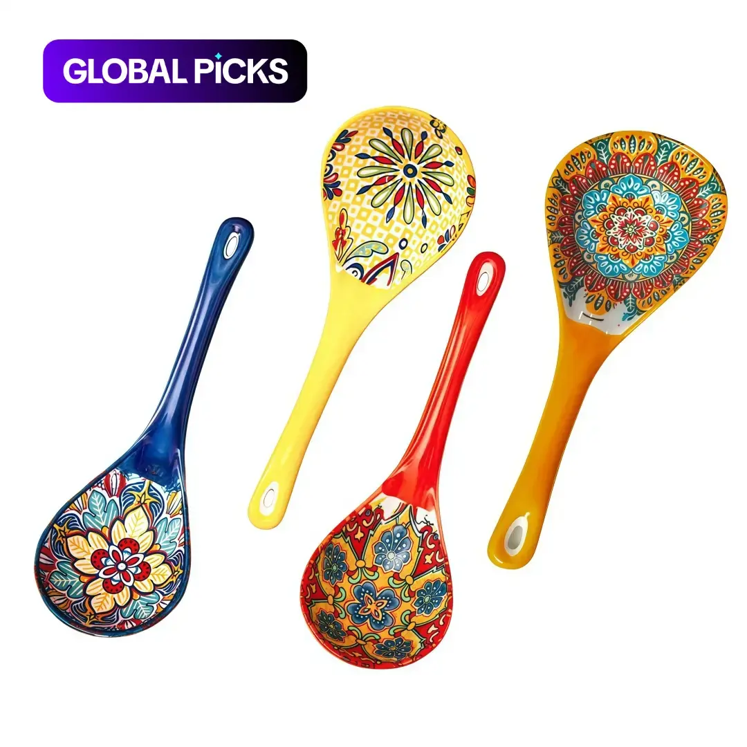 Bohemian Ceramic Soup Spoon Set, Cooking Spoons Set, Utensils, Kitchenware, Kitchen Supplies, Large Household Serving Spoons, Ramen Soup Spoons, Microwave and Oven Safe, Home And Kitchen, 4pcs