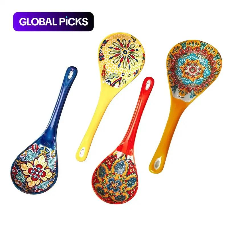 Bohemian Ceramic Soup Spoon Set, Cooking Spoons Set, Utensils, Kitchenware, Kitchen Supplies, Large Household Serving Spoons, Ramen Soup Spoons, Microwave and Oven Safe, Home And Kitchen, 4pcs #GLOBAL PICKS