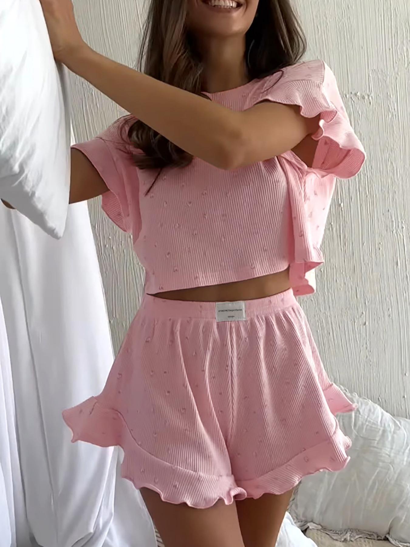 Women's All Over Heart Print Pyjama Set, Casual Comfy Ruffle Trim Crop Top & Patched Elastic Waist Shorts Pyjama Two-piece PJ Set, Ladies Sleepwear for All Seasons, Pajamas