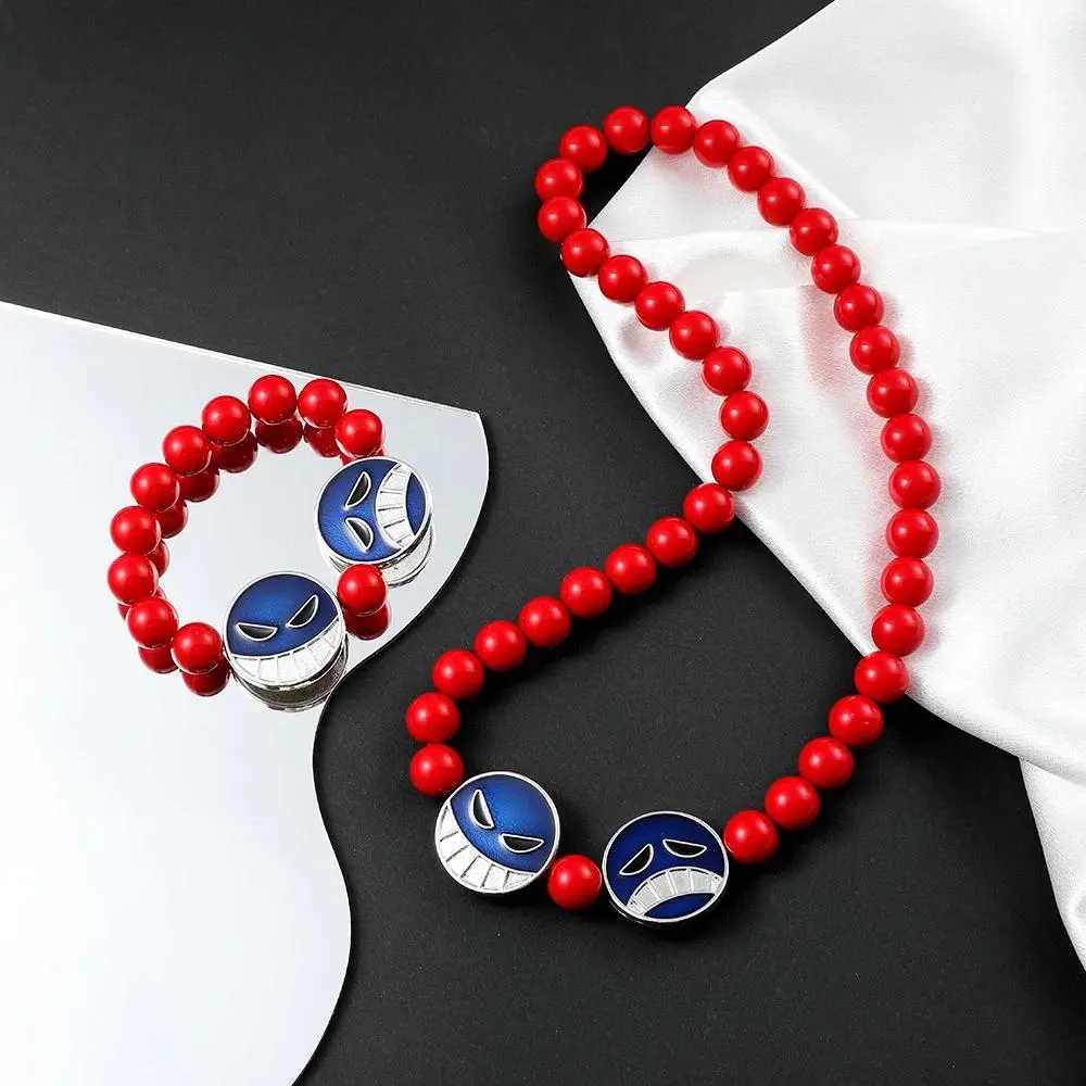 Portgas D Ace Anime Red Beads Face Bracelet Necklace, Unisex Wear Cosplay Set, Fashion Costume Jewelry Accessories, Birthday Gift Ideas for Girlfriend, Girlfriend Birthday Gift