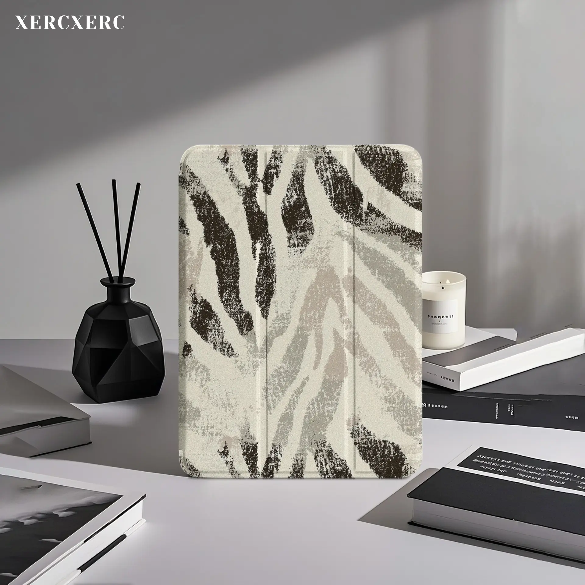 iPad case ipad accessories Black & White Grunge Abstract Leaf Pattern PU Flip iPad Case, TPU Soft Shell with Tri-fold Stand, Pen Slot, Shockproof Anti-drop, Auto Wake/Sleep - Back to School Gift, Air 11inch, Pro 12.9/11/10.9, Mini 8.3, Galaxy Tab S10+/S9+