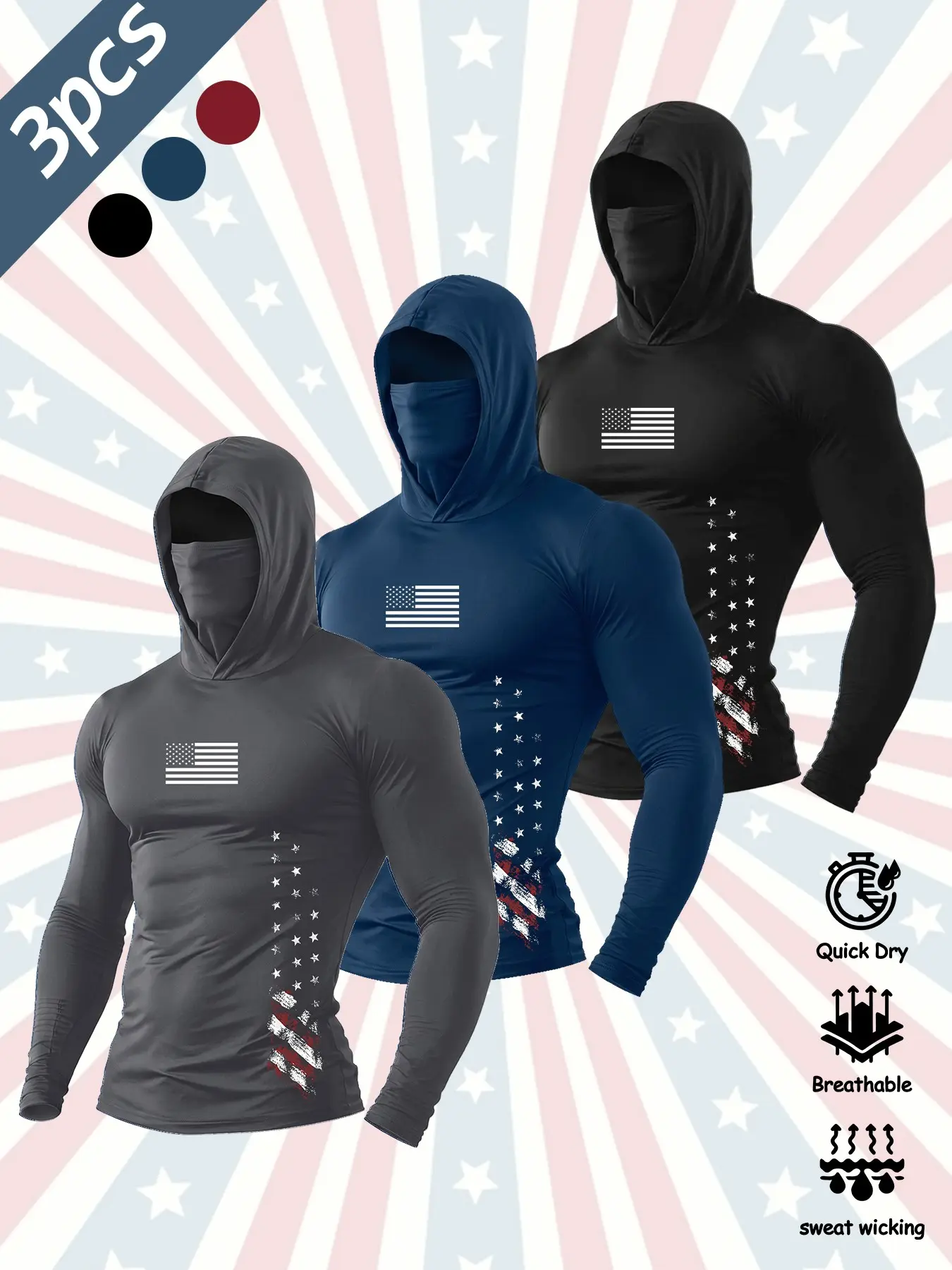 3 Pack Men American Star Stripe Flag Print Hooded Face Mask Compression Long Sleeve Shirts Quick Dry Breathable Sweat Wicking Skinny Muscle Fit Sun Protection Gym Cycling Fishing Outdoor Patriotic Athletic Workout Base Layer Tops #3packgymshirt #usflagcom