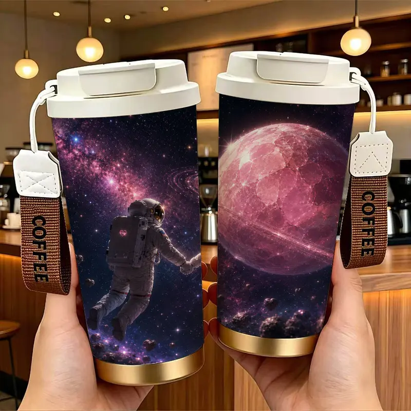 Romantic Galaxy Astronaut Stainless Steel Insulated Coffee Cup with Double Drink Design， Portable Travel Tumbler with COFFEE Wrist Strap， Reusable Thermal Mug， Perfect Gifts For Birthday Holiday.