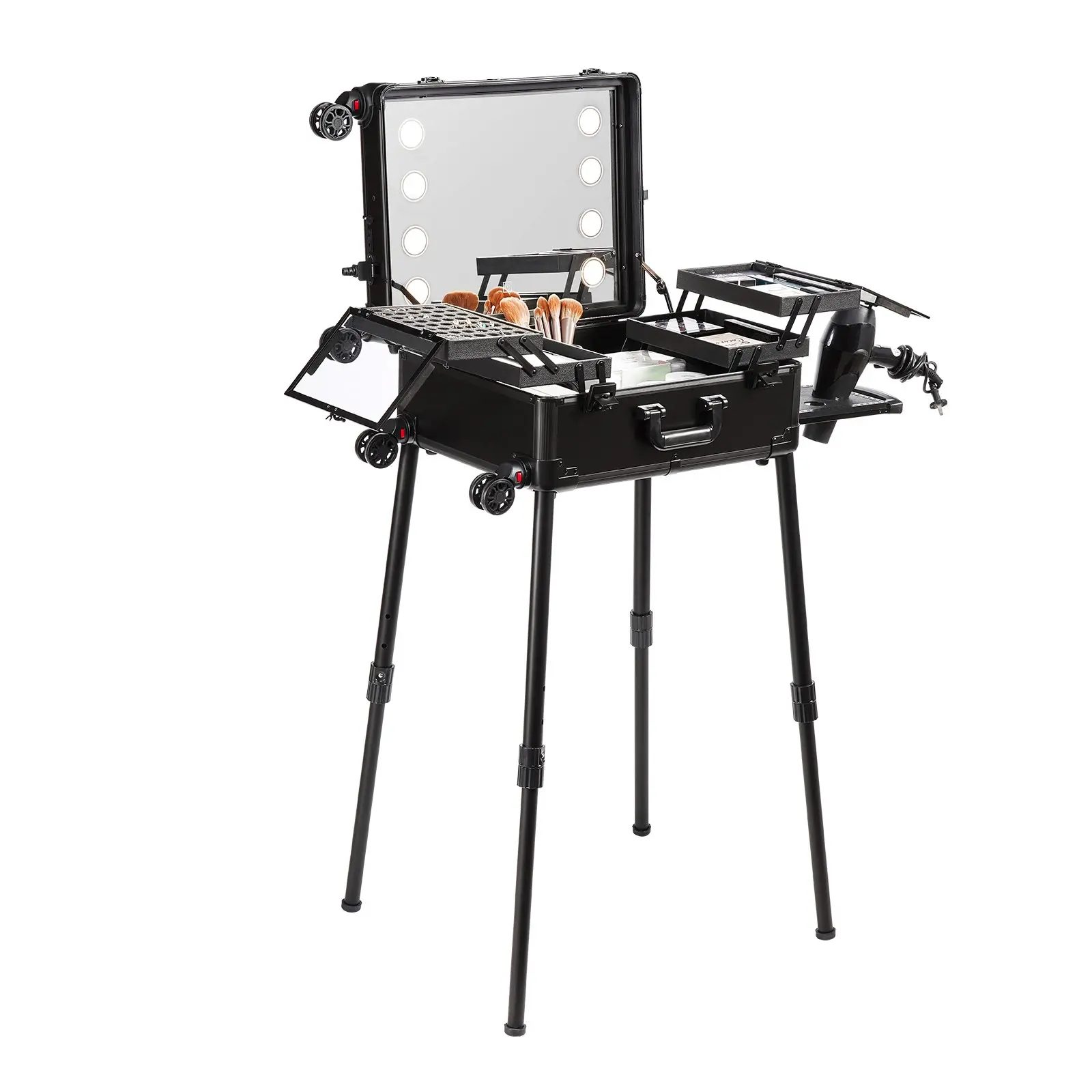 【DealsForYouDays】VEVOR Makeup Train Case with Lock, Lighted Mirror, 4 Storage Trays, Brush Holder, Travel Cosmetic Organizer Box w/ Swivel Wheels, Professional Artist Trolley Studio Free Standing Case