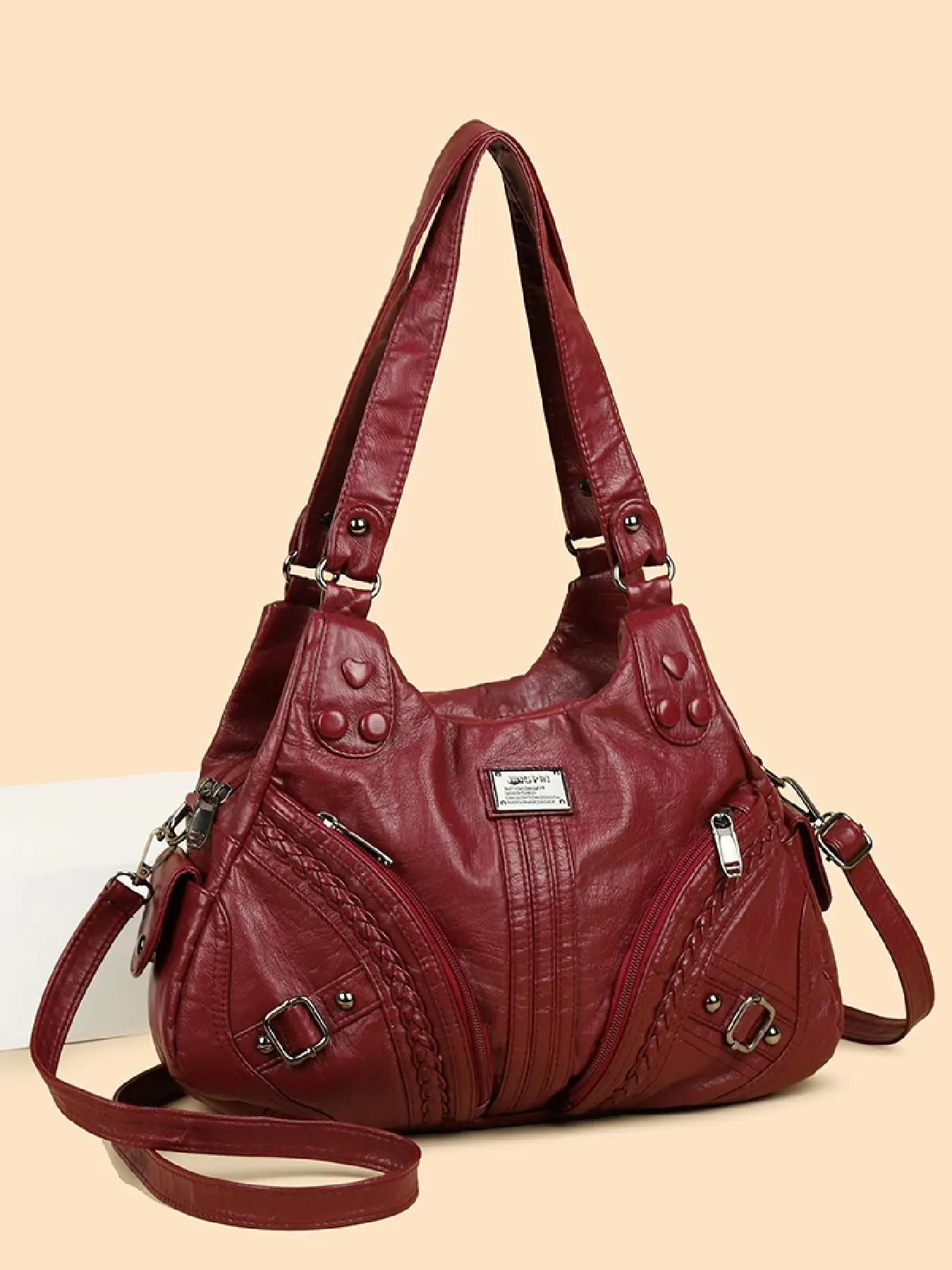 vintage washed soft leather hobo tote, detachable strap crossbody shoulder bag, rivet braided multi pocket mom bag, large capacity commute handbag, retro worn casual shopping purse, multi zipper layered everyday bag