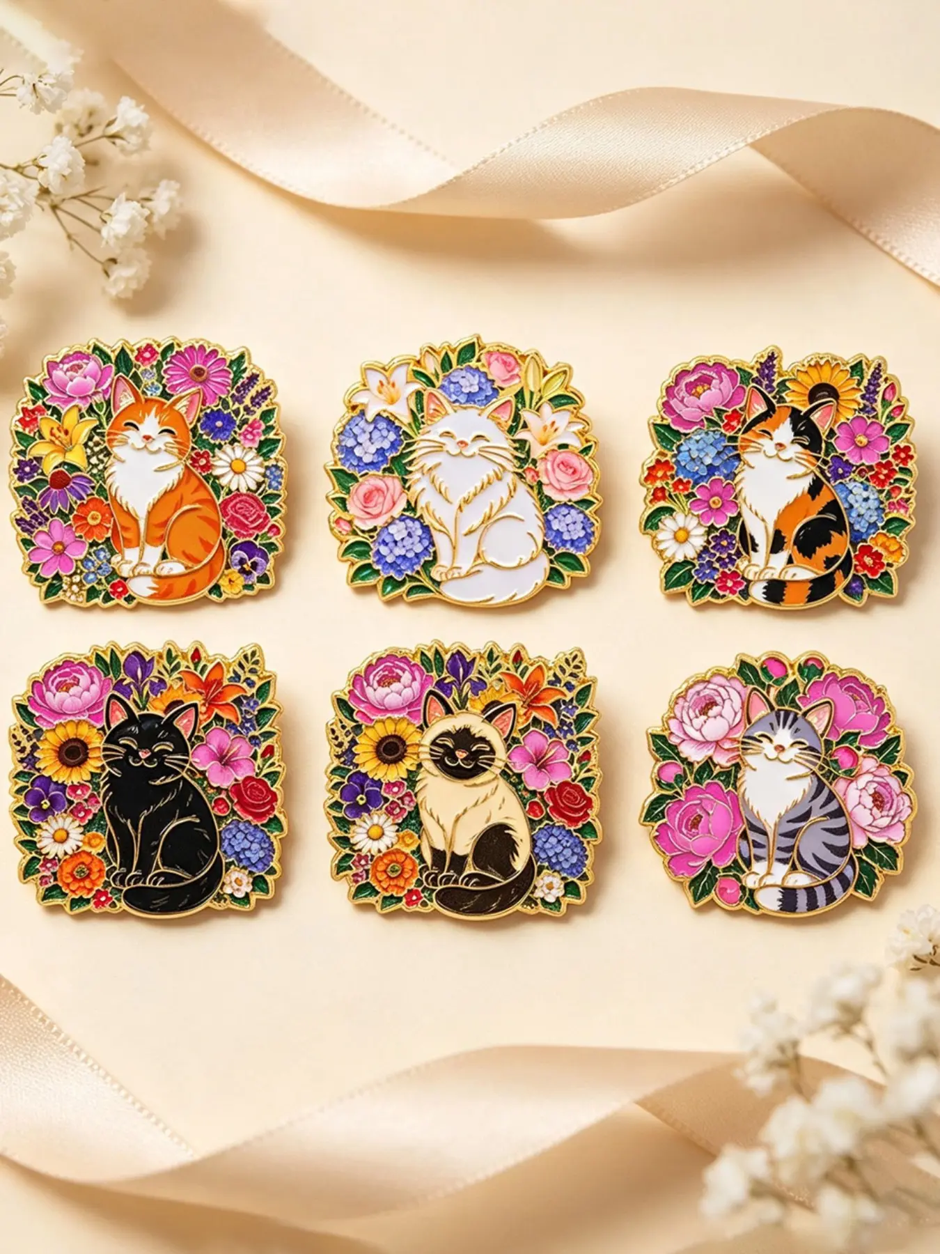 6pcs/set Floral Cat Enamel Pins, Cartoon Animal Design Zinc Alloy Fashion Bag Accessories, Trendy Clothing Decor, Ideal Gift for Her