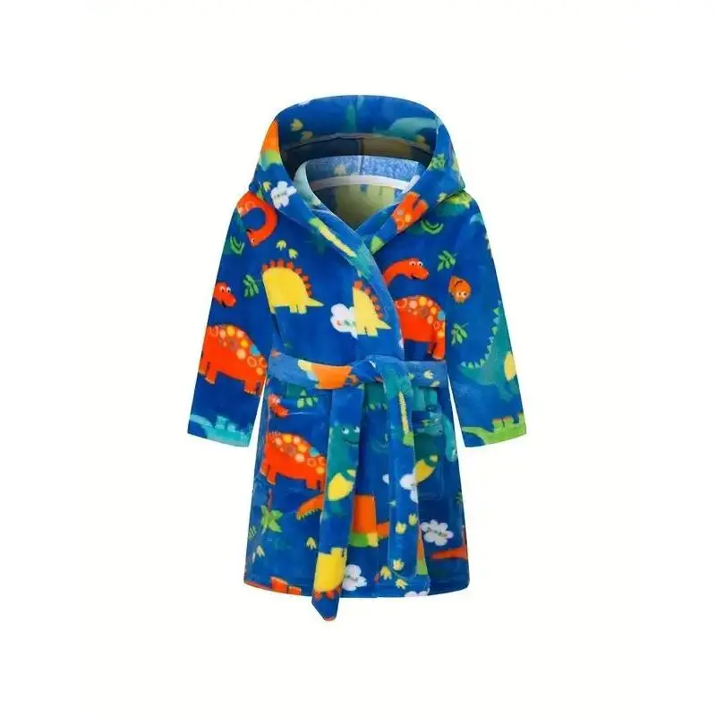 Kids Dinosaur Print Hooded Bath Robe - Soft Flannel Toddler Bathrobe for Boys