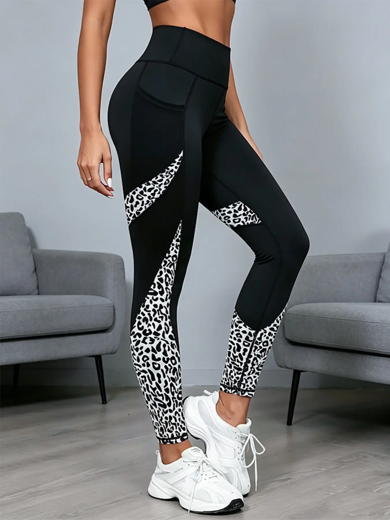 High-Waisted Leopard Print Yoga Pants, Moisture-Wicking, Breathable Polyester, Side Pockets, Ideal for Gym, Running, Daily Wear, Fitness Bottoms