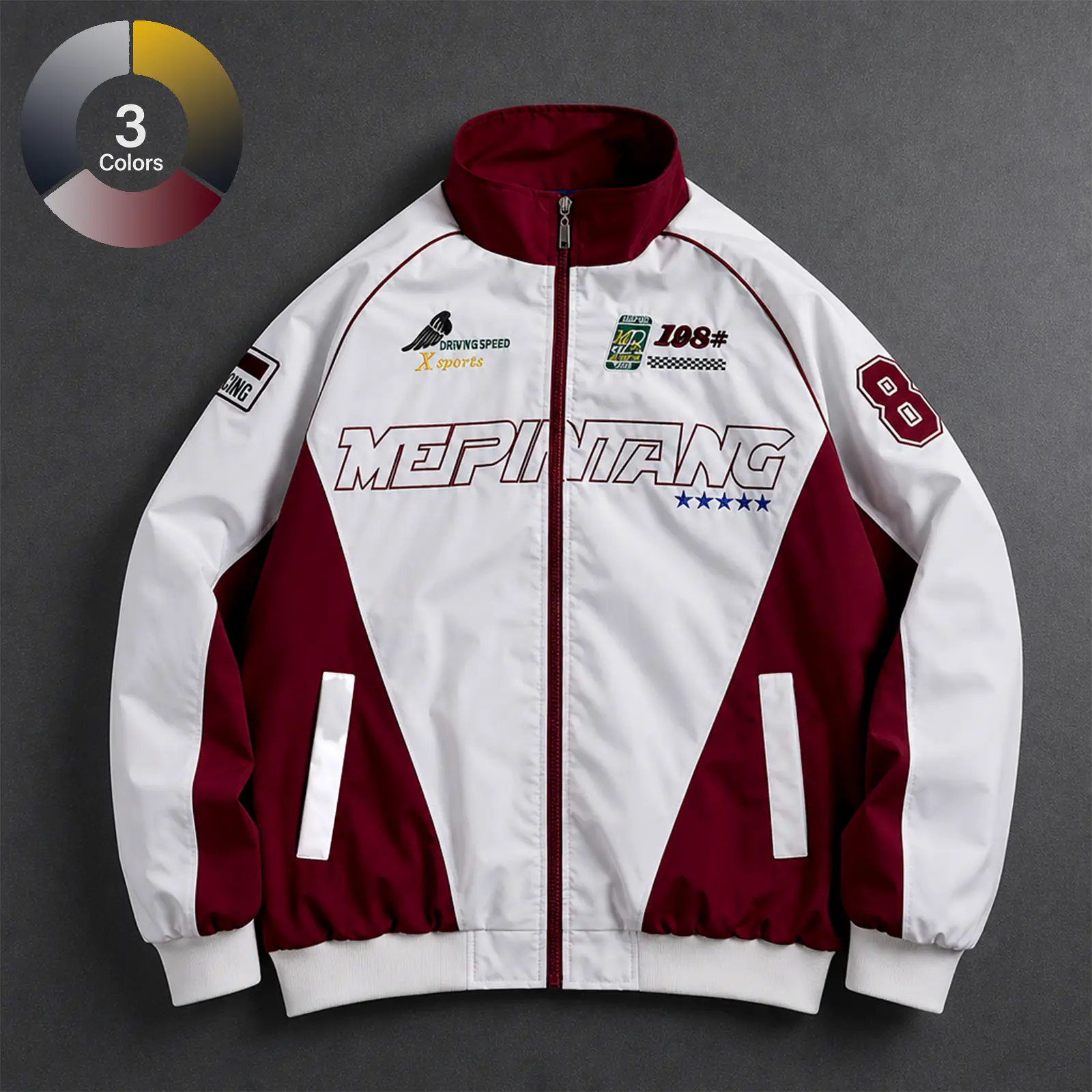 Men's Racing Bomber Jacket Vintage Streetwear Motorcycle Jacket Embroidered Patch Varsity Coat Color Block Stand Collar Zip Up Windbreaker Casual Lightweight Outerwear Y2K Fashion Jacket for Fall Winter