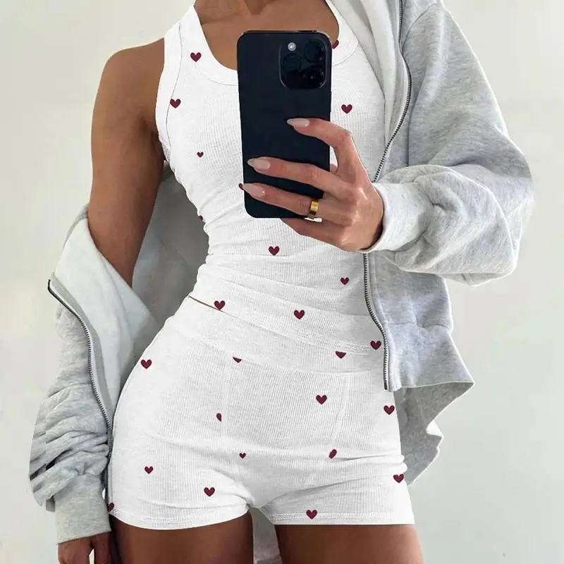Women's 2 Pieces Pajamas Set Heart Pattern U Neck Tank Strechy Waist Shorts Set