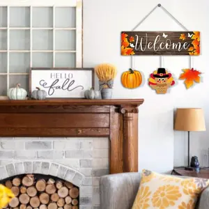 4-piece Thanksgiving set including rope wooden plaques with blessing words, door hangings, autumn pumpkins, maple leaves and turkey ornaments; farmhouse-style kitchen countertop set, hanging wall decor for dining rooms and home decorative accessories
