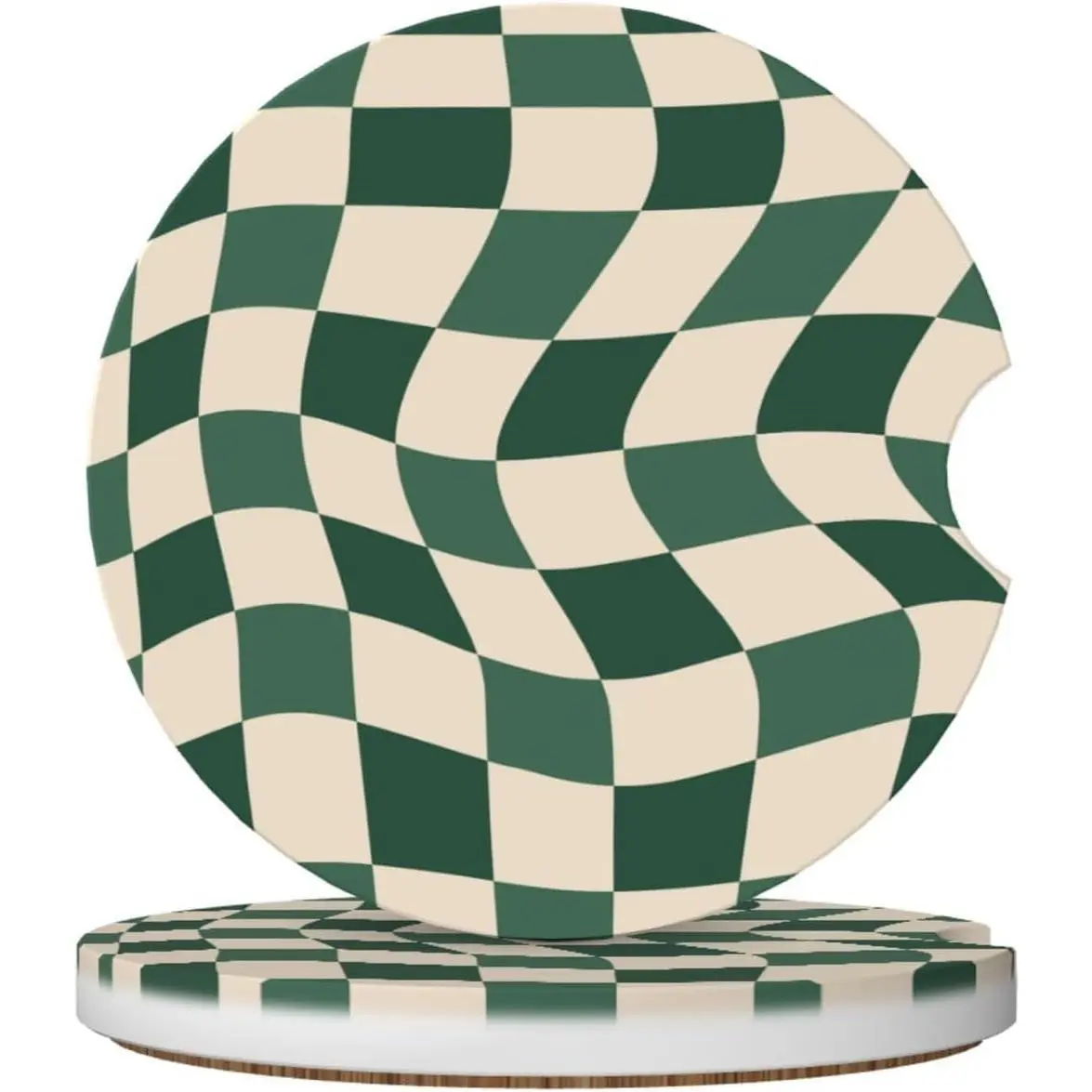 Aesthetic Green Checkered  Coasters for Cup Holders,2 Pack  Cup Holder Coasters for ,Ceramic Absorbent  Coaster with A Finger Notch and Cork Base, Interior Accessories for Women Men