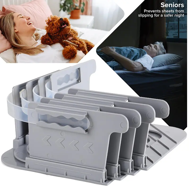 Heavy-Duty Bed Sheet Holder with Lock Strips & Clips - Adjustable Corner Bed Sheet Lock System, Fit All Mattress Sizes (Twin/Full/Queen/King), Grey PP Plastic Sheet Gripper for Single/Double Beds, No More Loose Sheets