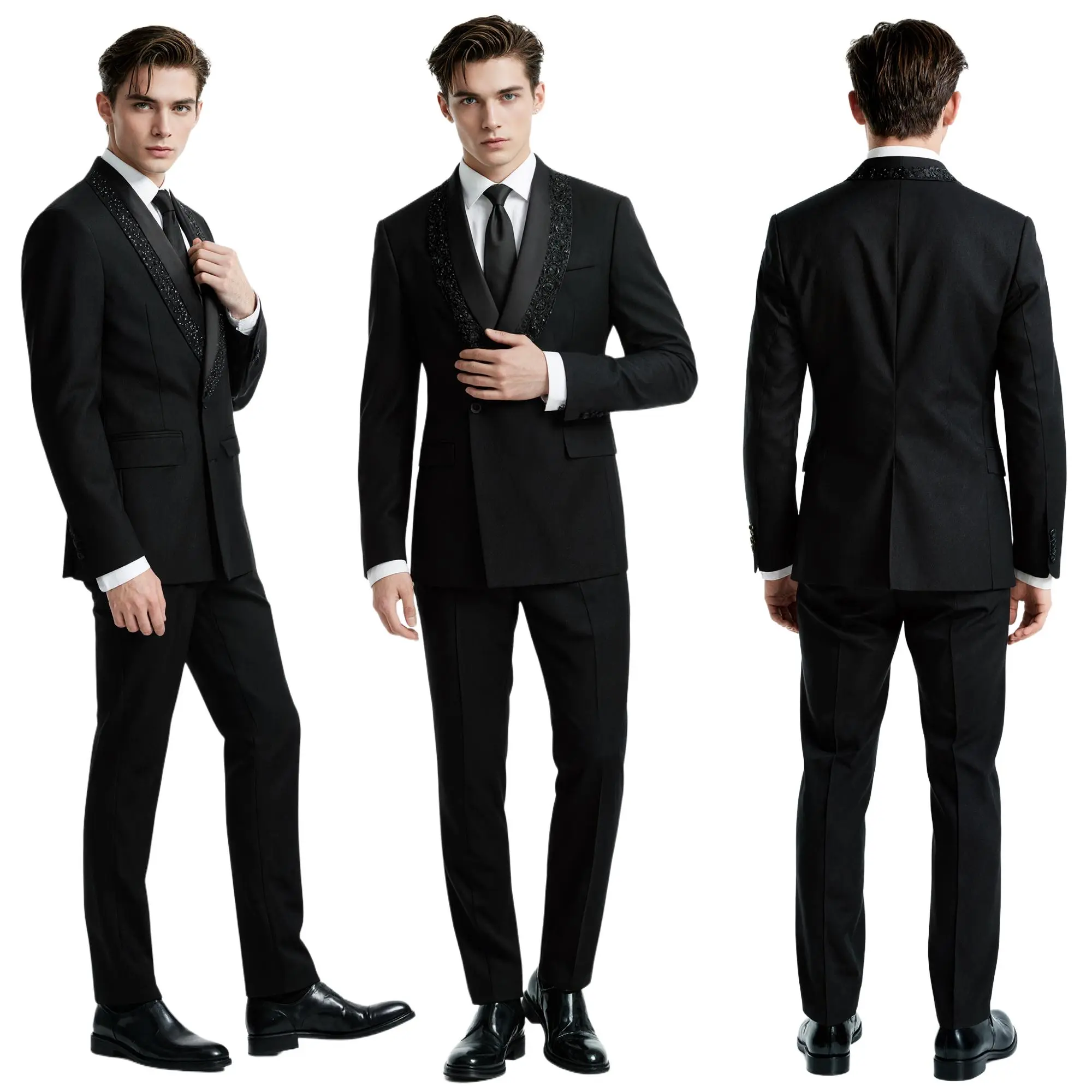 Men's Slim Fit Tuxedo Suit, 2-Piece Textured Jacquard Set with Rhinestones, Shawl Lapel Formal Wear for Prom & Graduation, Smooth, Long Sleeve, Menswear, Shiny, Matching