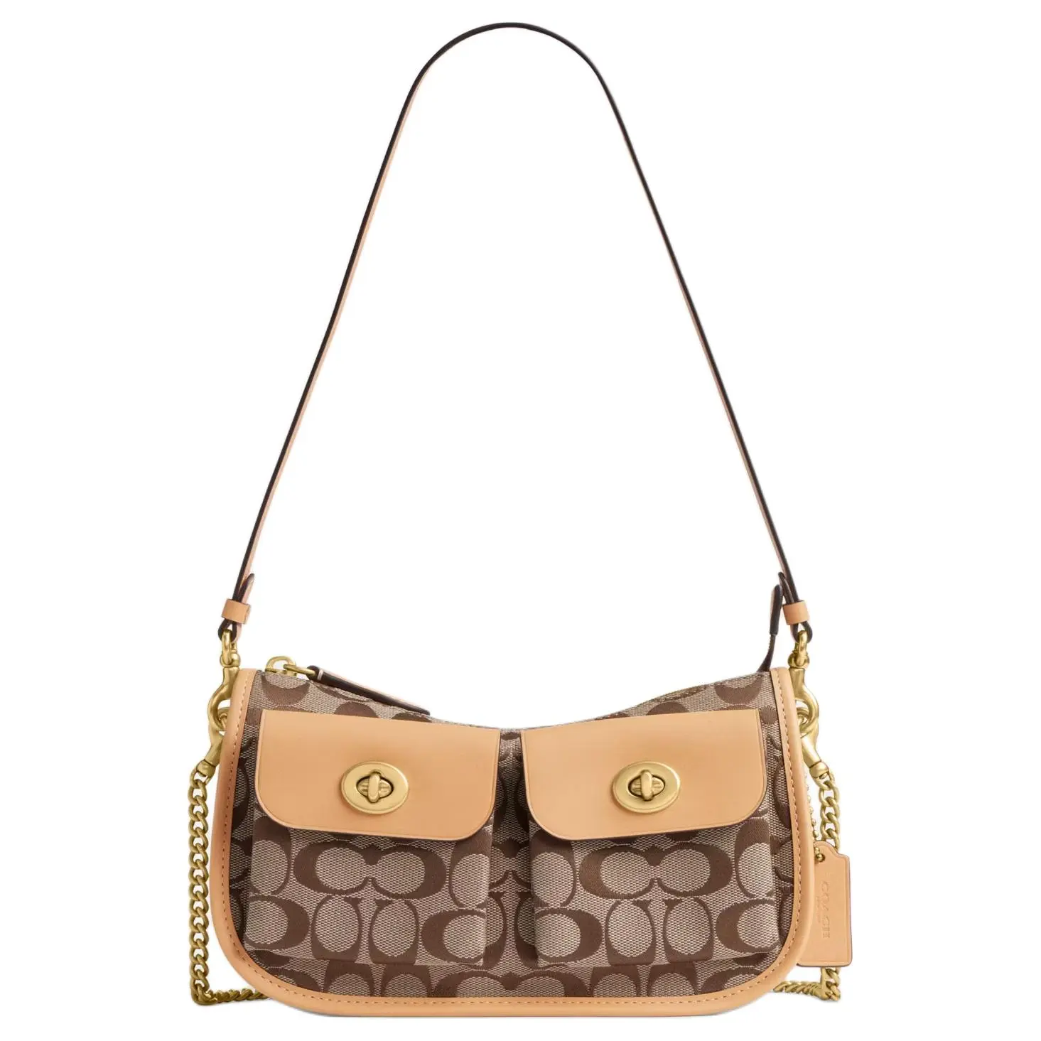 COACH Turnlock Waverly 24 Shoulder Bag for Women – Metallic Gold Hardware, Contrast Print Design, Fabric and Cowhide Leather, Light Peach Khaki