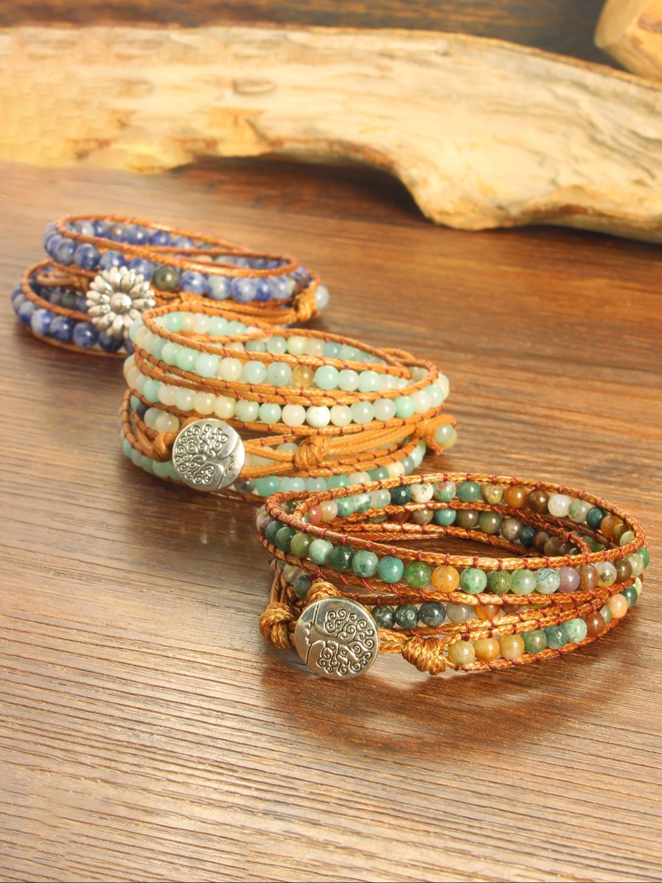 Boho Style Natural Amazonite Beaded Bracelet, Tree Of Life Charm Braided Bracelet for Women & Men, Fashion Jewelry Accessories for Daily Wear, Gift Ideas for Women