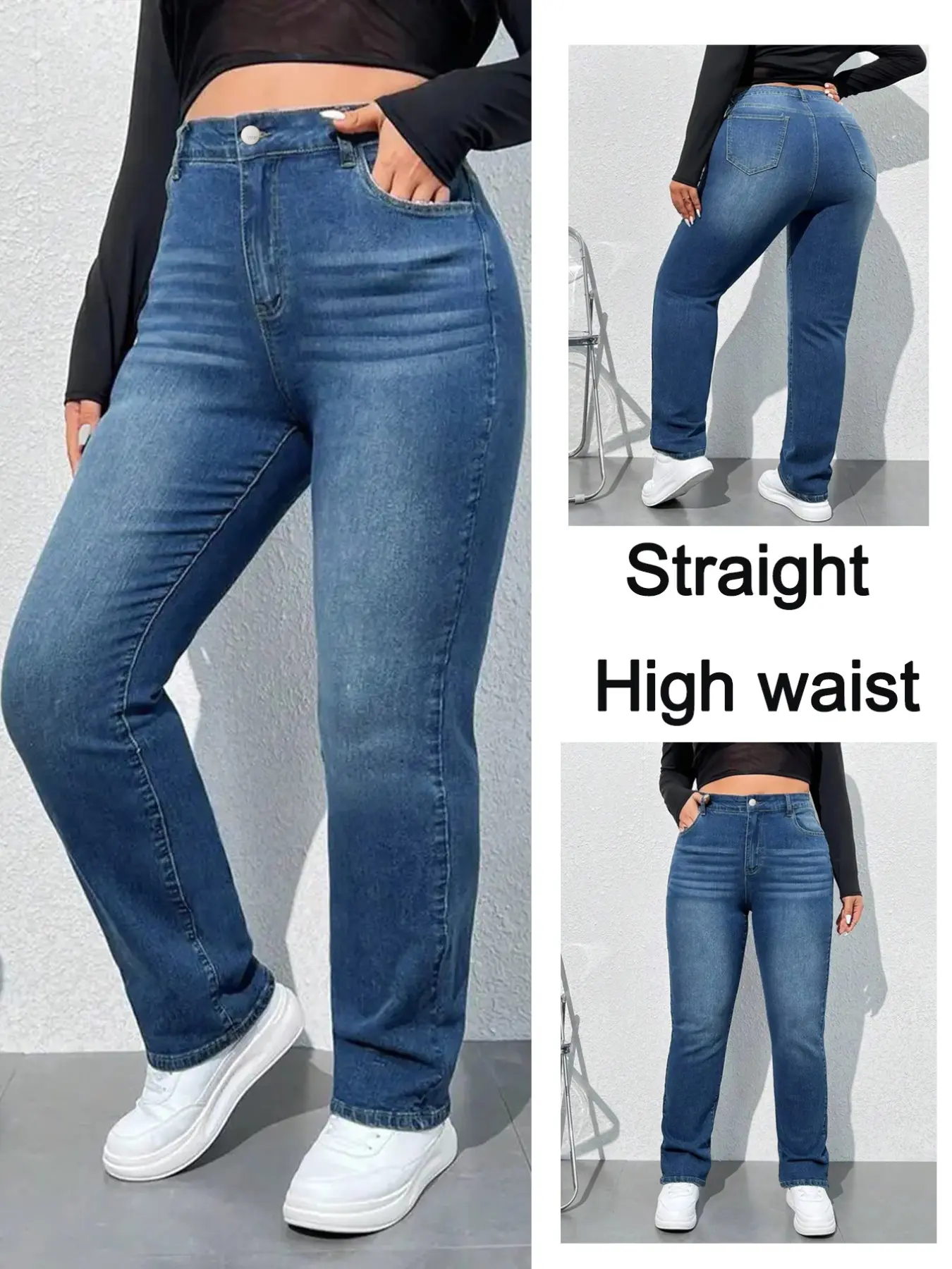 Women's Plus Size High Waist Straight Leg Jeans, Washed Blue Stretchy Pants, Conceal Hip Slim Fit, Casual Long Jeans for All Seasons