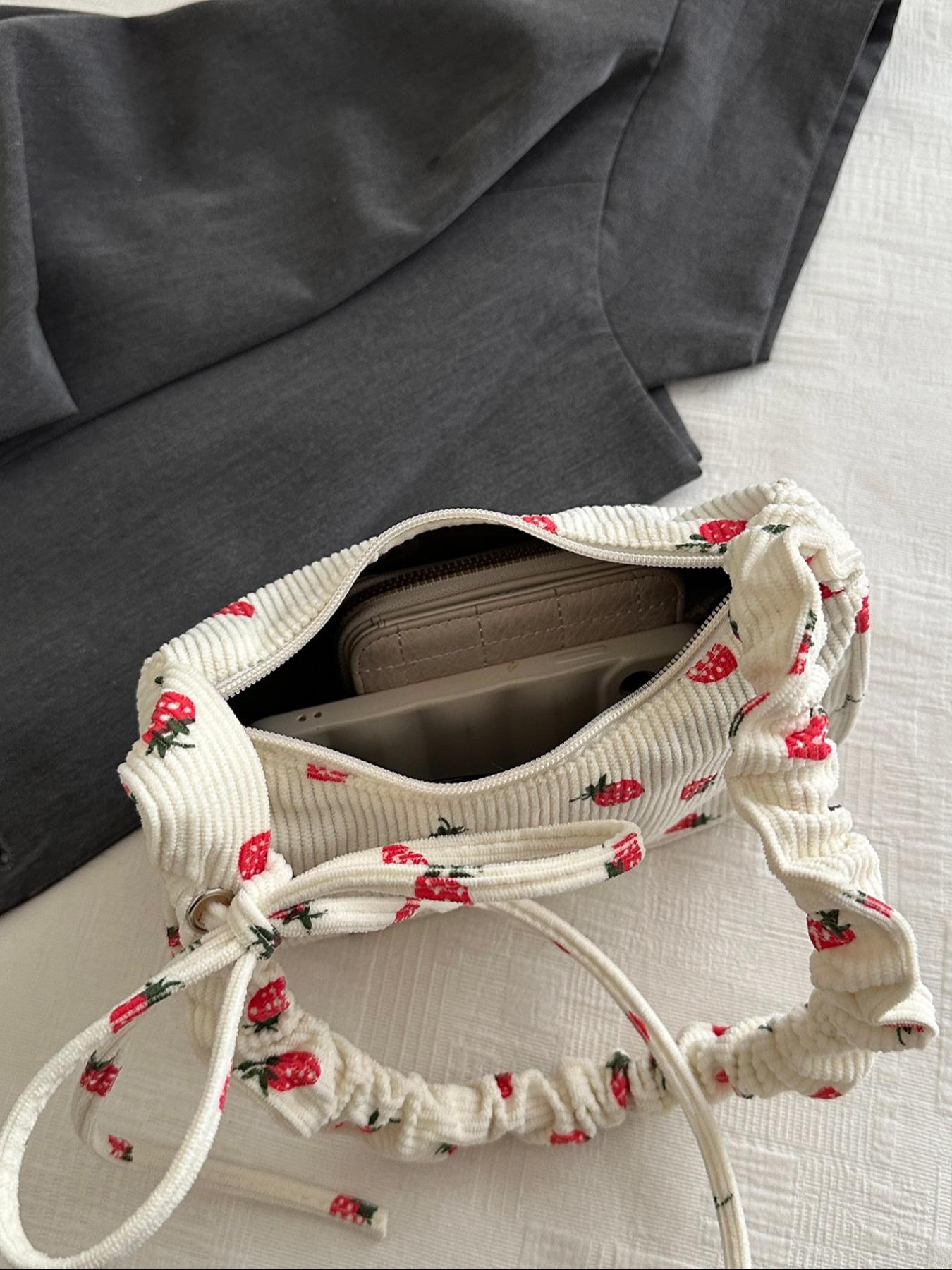 Cute Strawberry Print Underarm Bag, Drawstring Design, Soft Casual Fruit Pattern Shoulder Clutch, Versatile Handbag for Women