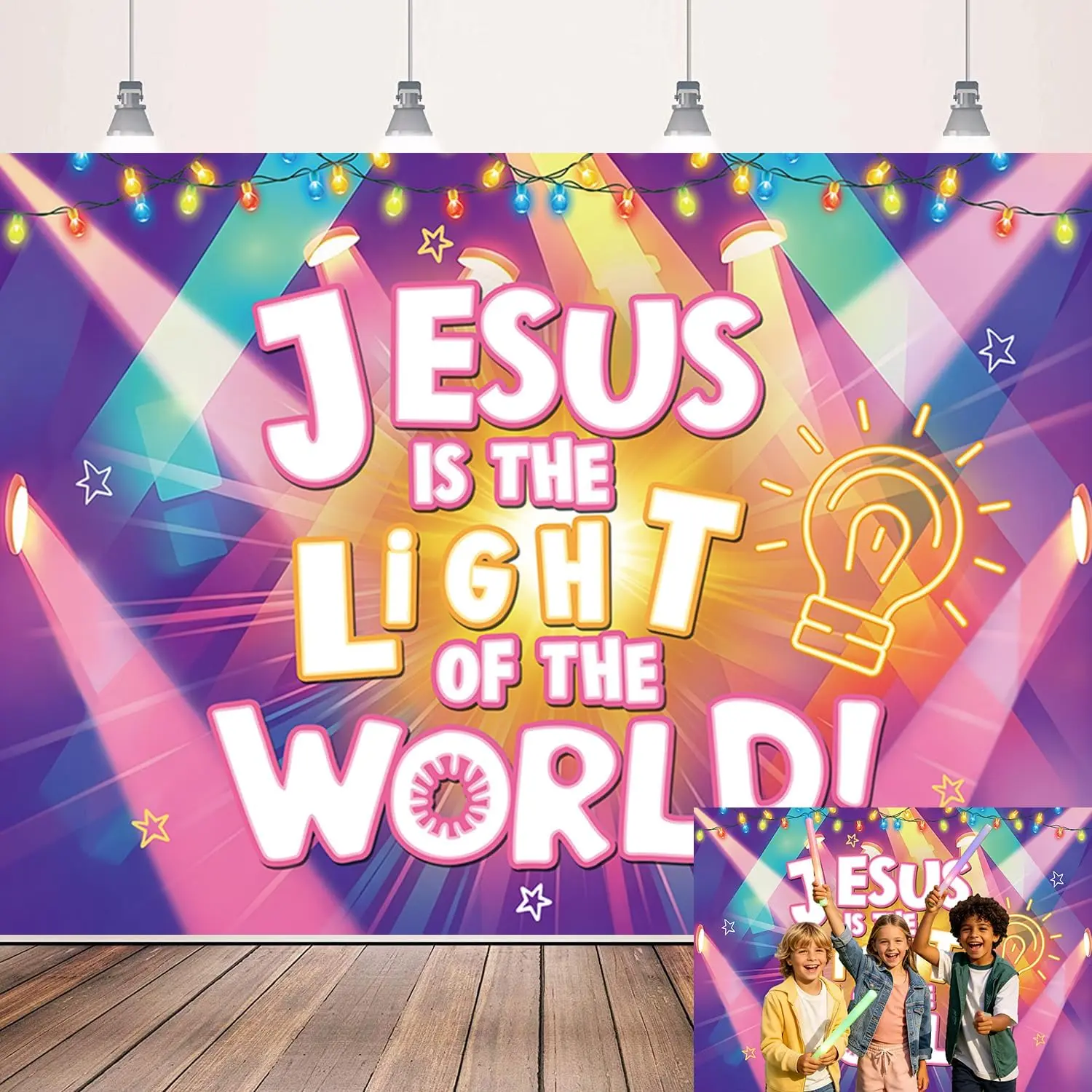VBS 2026  Lighting Backdrop  is the Light of the World   School Photography Background Colorful Stage Lights for Church Camp Christian Party Decoration 7x5FT