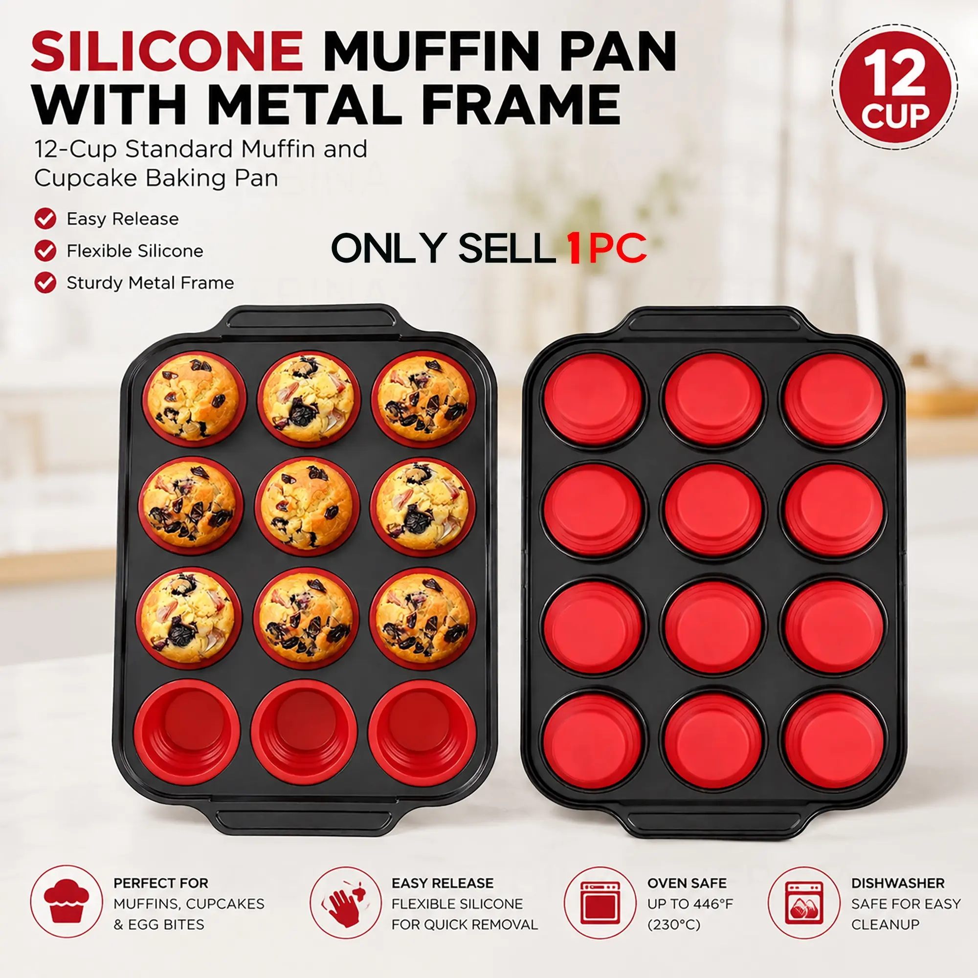 Silicone Pancake Tray with Metal Frame, 12-Cup Standard Baking Pan, Flexible Non-Stick Mold, Ideal for Pancakes, Cupcakes, Crepes