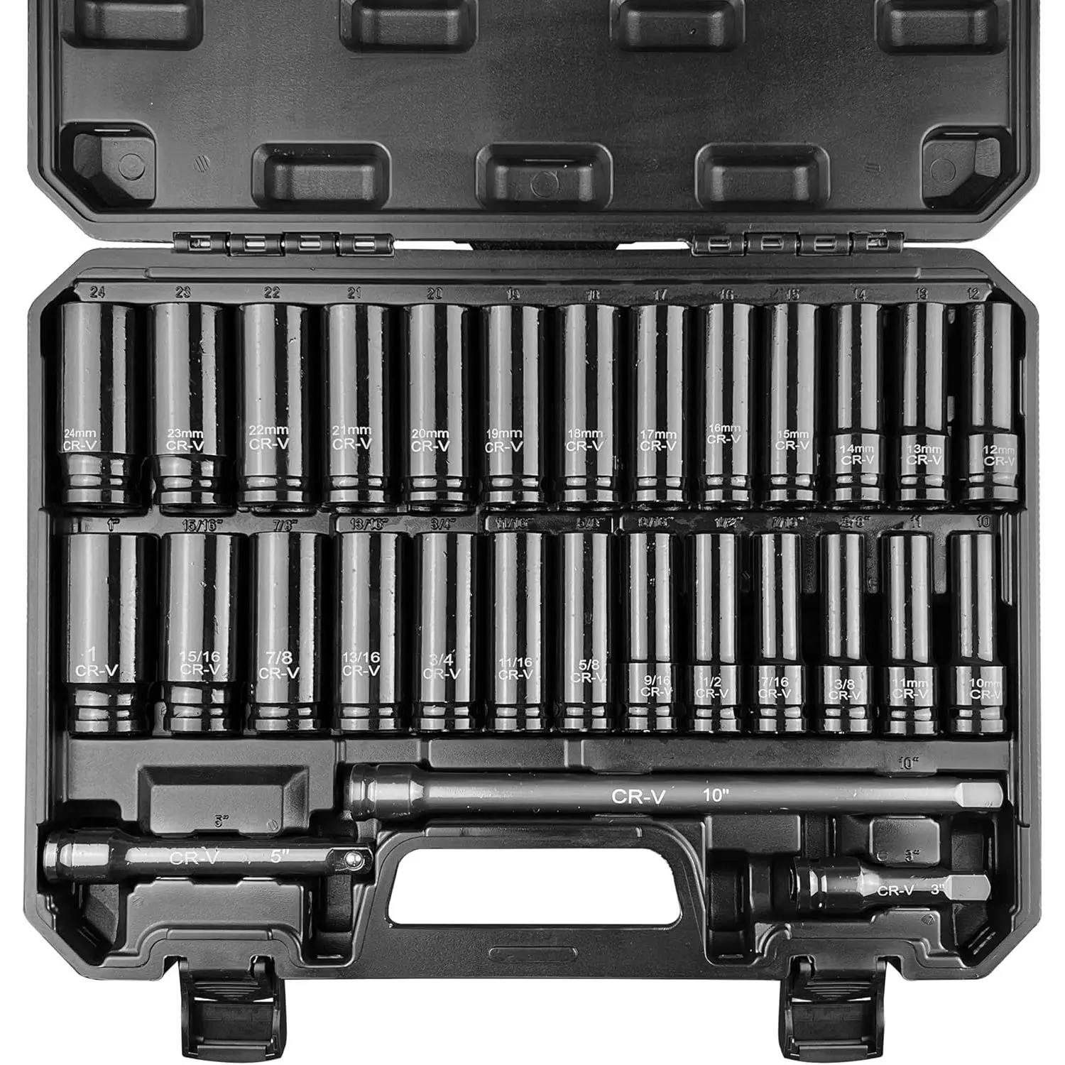 29 count 1/2" Socket Set, Drive Deep  Socket Set, Including 3 ", 5", 10"  Extension Bar, Standard SAE (3/8 "- 1") and Metric (10mm-24mm), Cr-V Steel