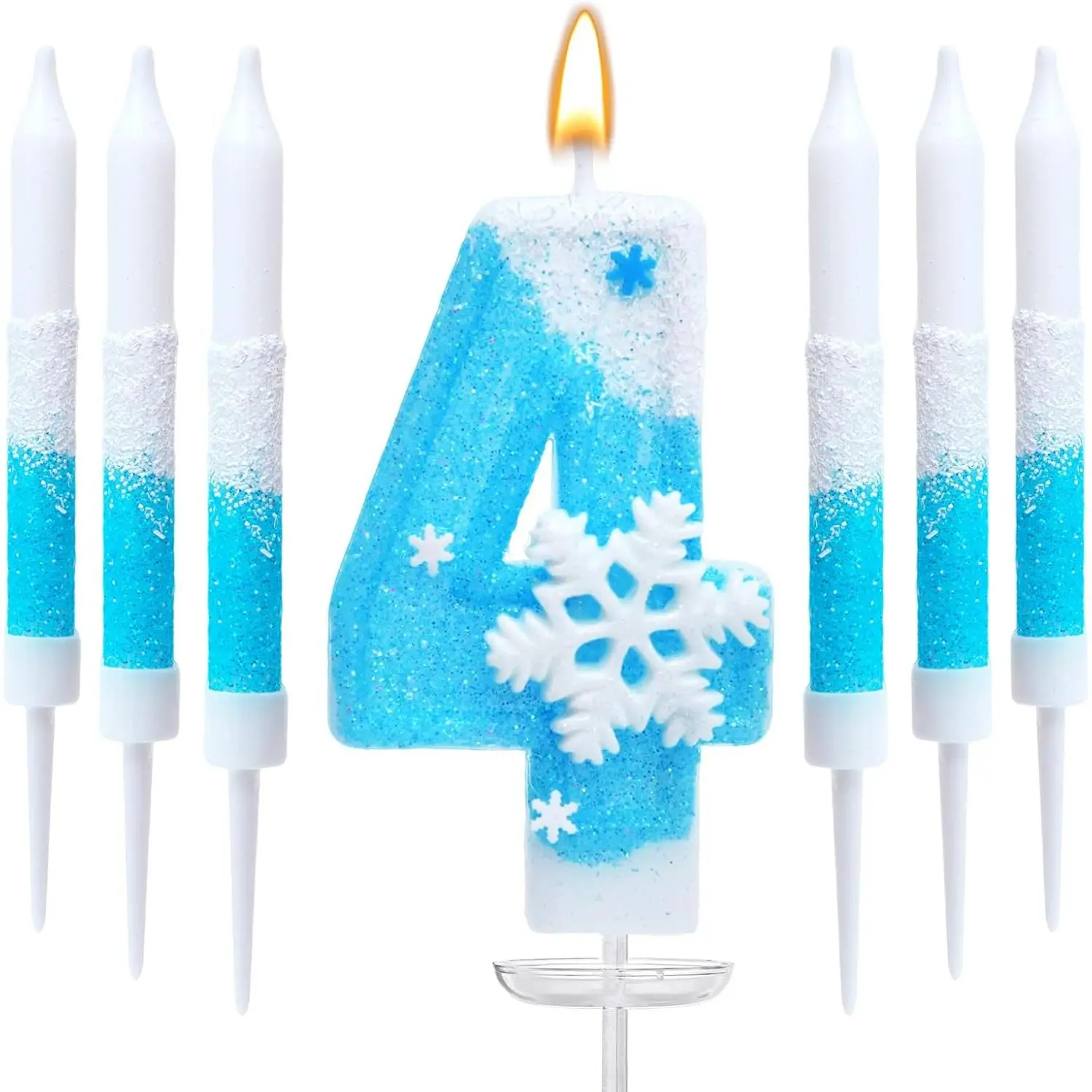 Frozen Birthday Candle Set, Glitter Number 4 Candle with Snowflake Decoration and 6 Matching Candles, Blue Winter Theme Cake Topper for Frozen Birthday Party (Blue Set, Number 4)