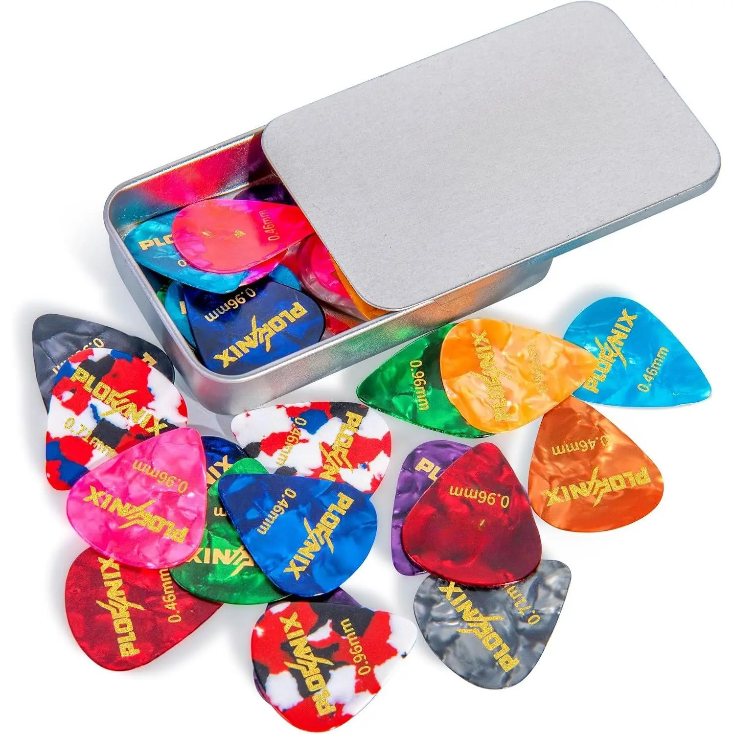 30 pack Celluloid Guitar Picks - 3 Different Thickness Colorful Guitar Pick with Metal Storage Box, Guitar Picks for Acoustic Guitar, Electric Guitar, Bass, Ukulele, 0.46mm/ 0.71mm/ 0.96mm