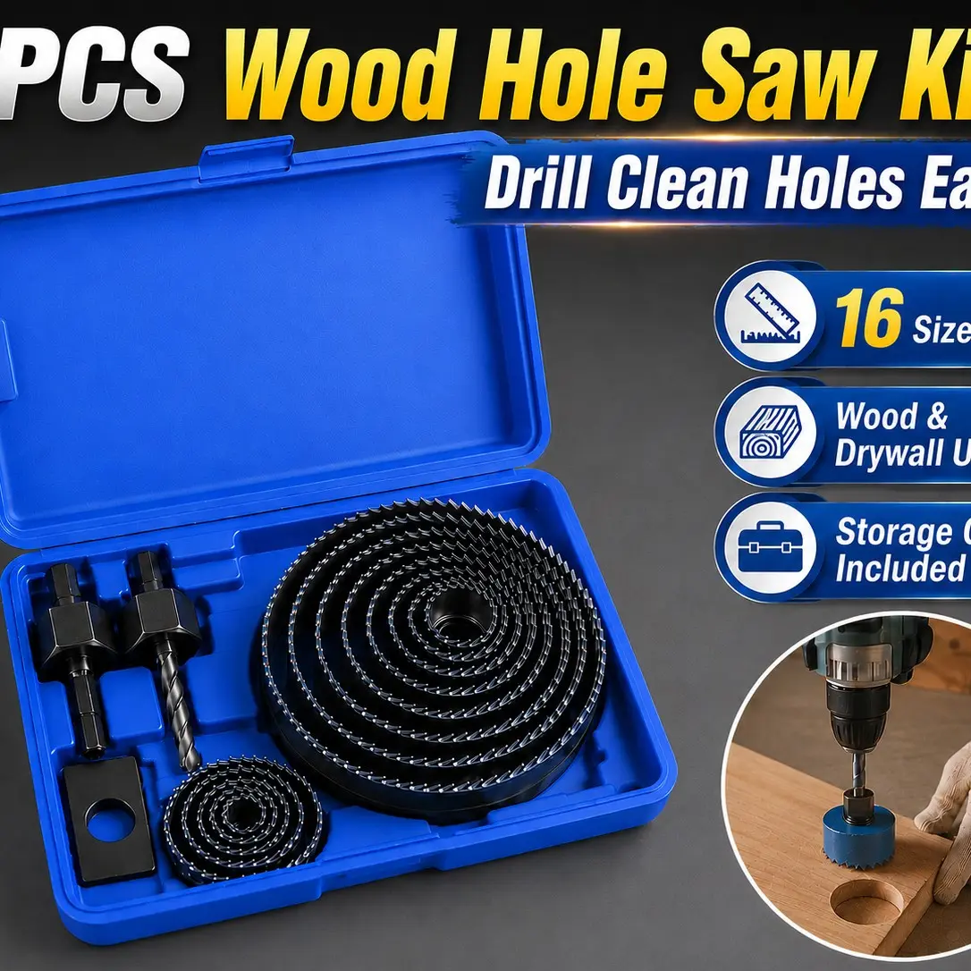 16PCS High Precision Wood Hole Saw Kit | Carbon Steel, 19-127mm, for Wood & Plastic, Quick Easy Installation