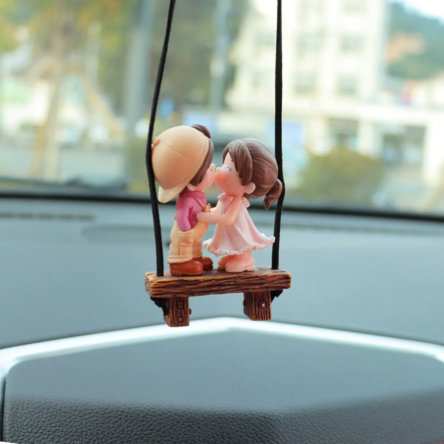 Cute Couple Car Hanging Accessories Romantic Kissing Lovers On Swing Rear View Mirror Pendant Swinging Auto Interior Decor Gifts Automotive Decorative Accessories Car Ornaments Car Decorations Car Hanger Ornament