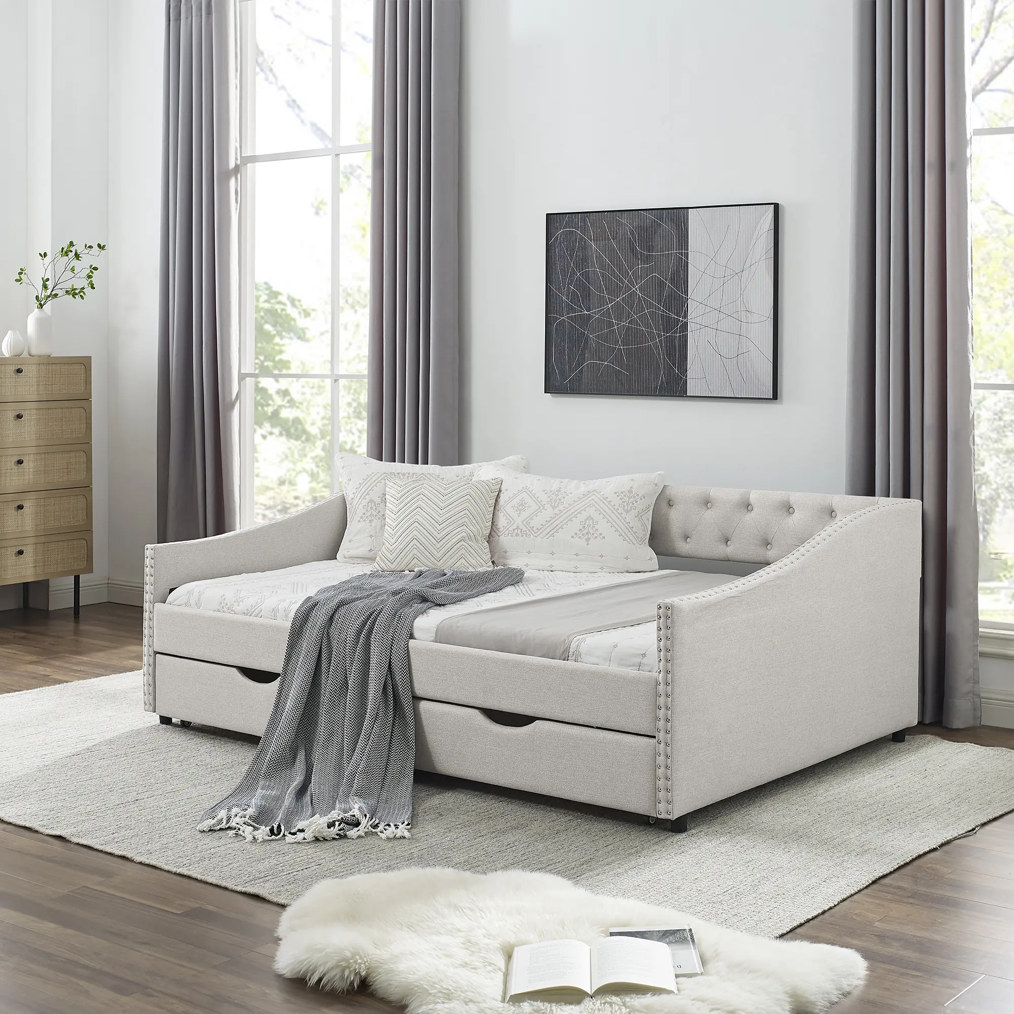 ARCH Full Size Upholstered Tufted Daybed Sofa with Storage Organization, Linen Fabric, Button-Tufted Back, Waved Arms, Nailhead Trim, Storage Drawers, for Living Room Guest Room, Beige, 80.5x55.5x27.5in