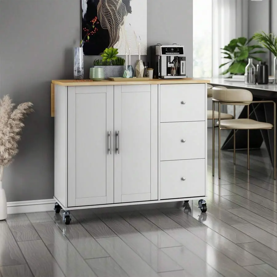 Island With Storage, Island On Wheels With Drop Leaf, Open Spice Rack Shelf, Door Cabinet, Drawer, Cart Island Table