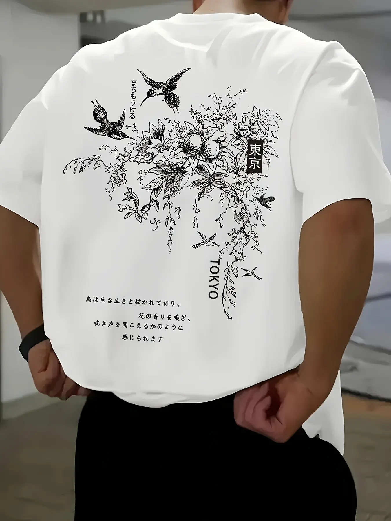 Men's Short Sleeve T-Shirt Crew Neck Front and Back Floral Graphic Bird Print Tokyo Lettering Japanese Characters Streetwear