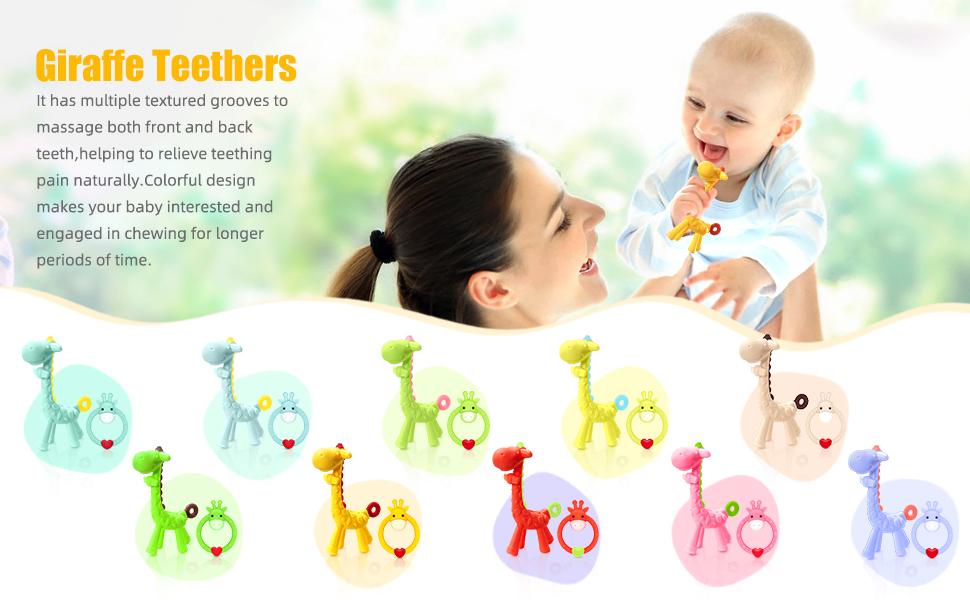 Silicone Giraffe Baby Teether Toy with Storage Case, for 3 Months Above Infant Sore Gums Pain Relief and Baby Shower, Baby Teething Toys (Yellow)