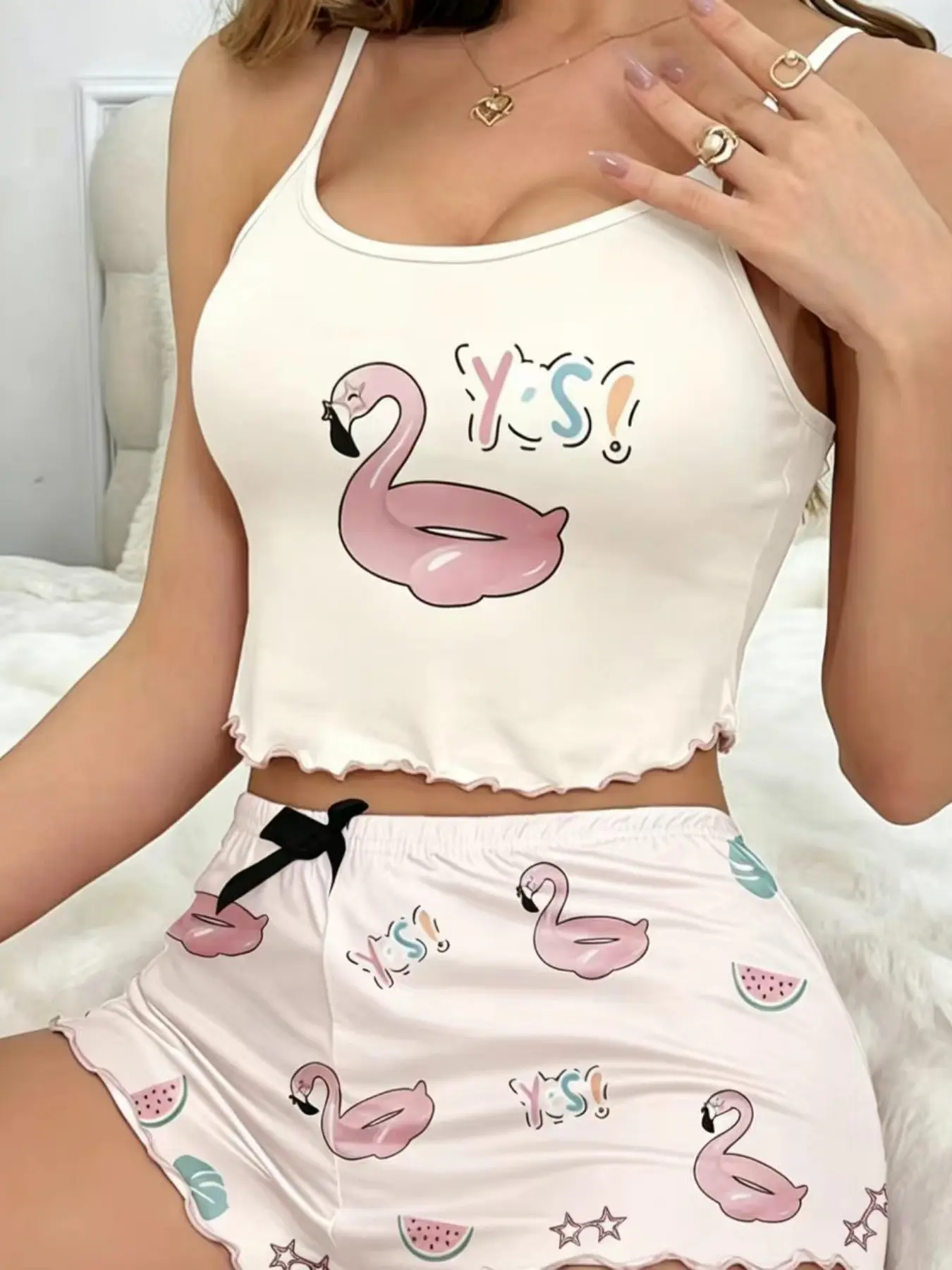 Women's Casual Swan Print Strap Pajama Set, Short Pants Homewear Suit, All Seasons Wearable Home Clothes, Comfortable Sleepwear, Printed Pajama Set