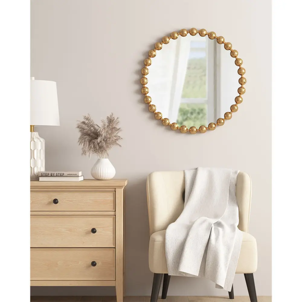 27 Inch Beaded Round Wall Mirror, Gold Decorative Wall Mirror with Metal Beaded Frame, Ready to Hang Mirror for Bathroom Vanity, Entryway, Bedroom and Living Room