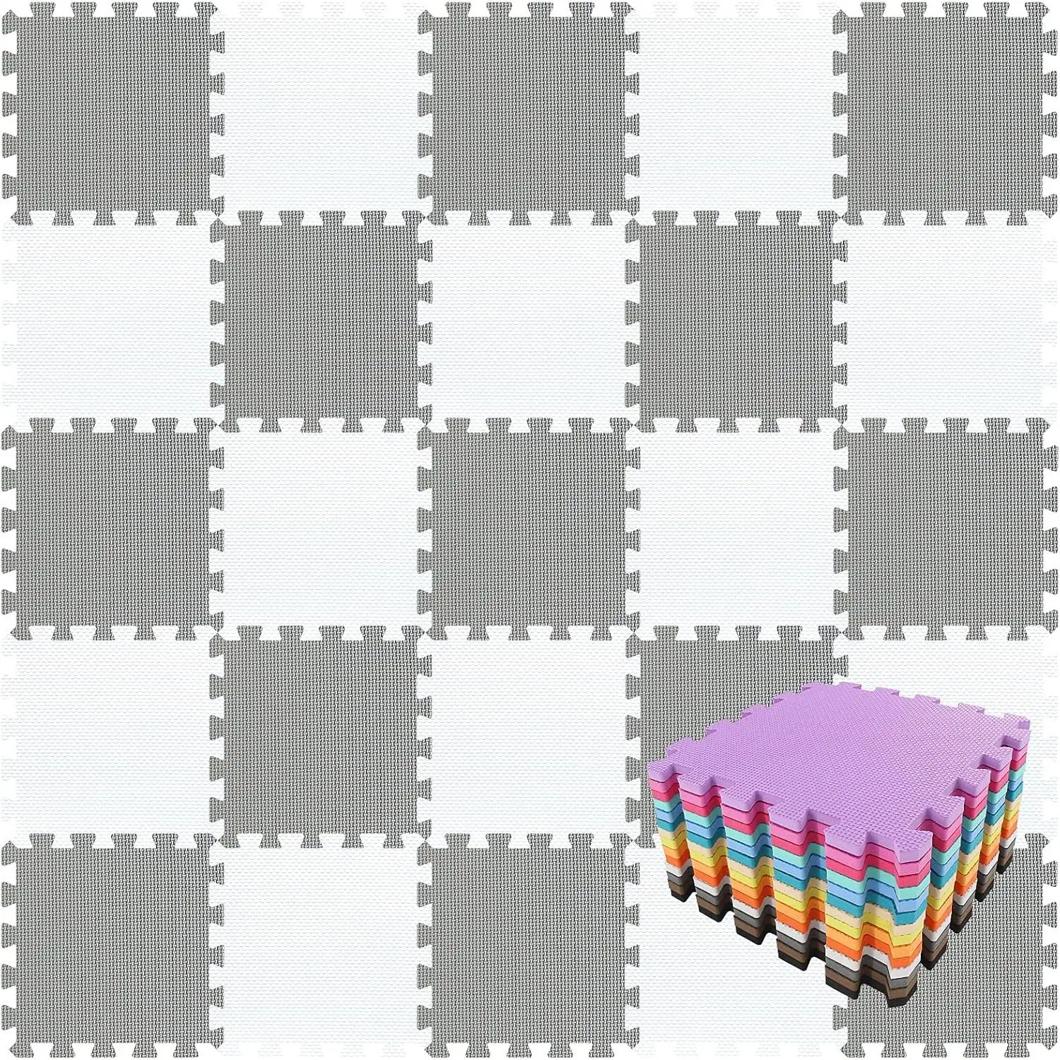 EVA Rubber 18 Tiles Interlocking Puzzle Foam Floor Mats Baby Play Mat for Playing Exercise Mat for Home Workout White Gray QC-ALb18N