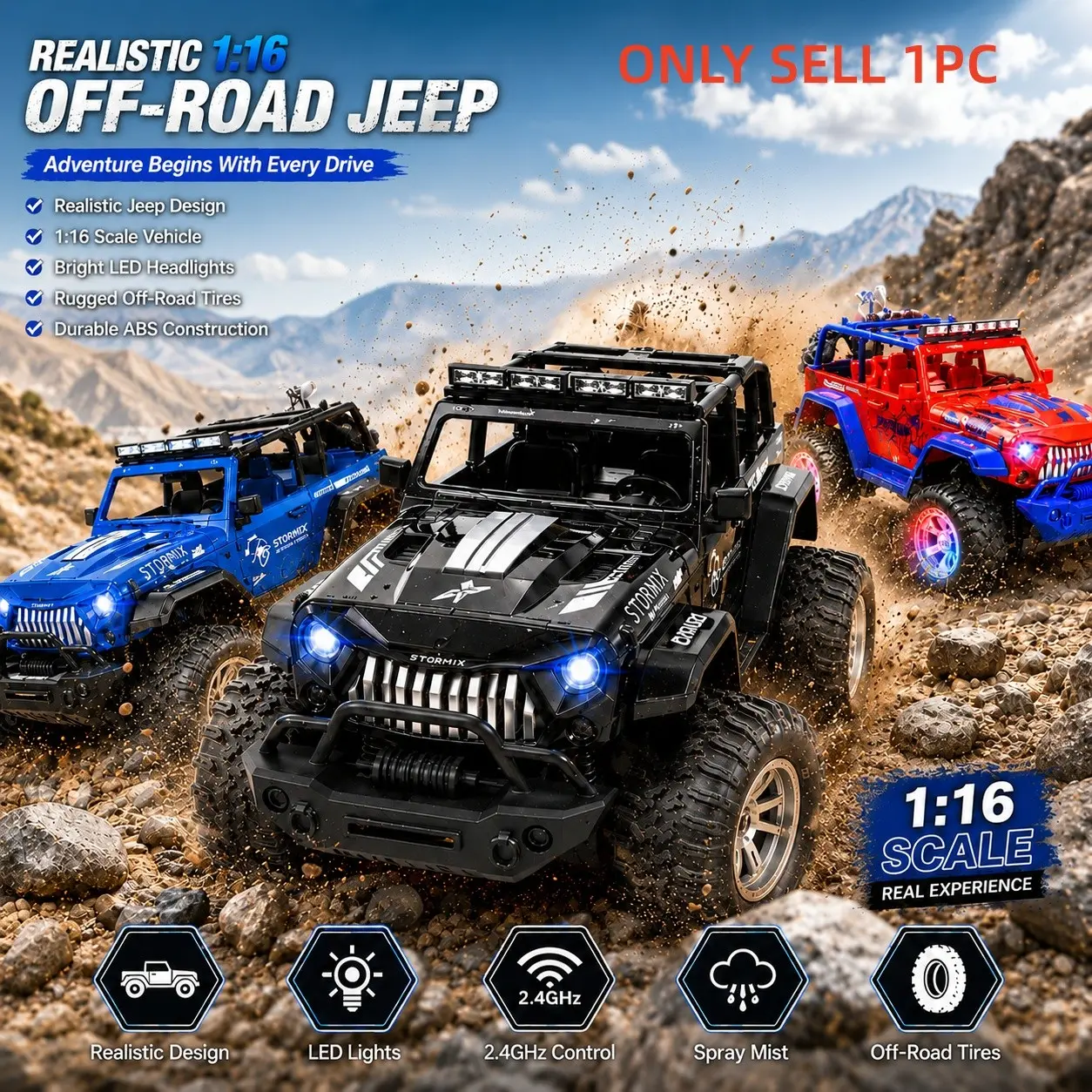 1:16 Spray Off-Road RC Car, Realistic Scale, Cool Spray, Colorful Lights, True Car Sound Effects, 2.4GHz Frequency, Battery Included